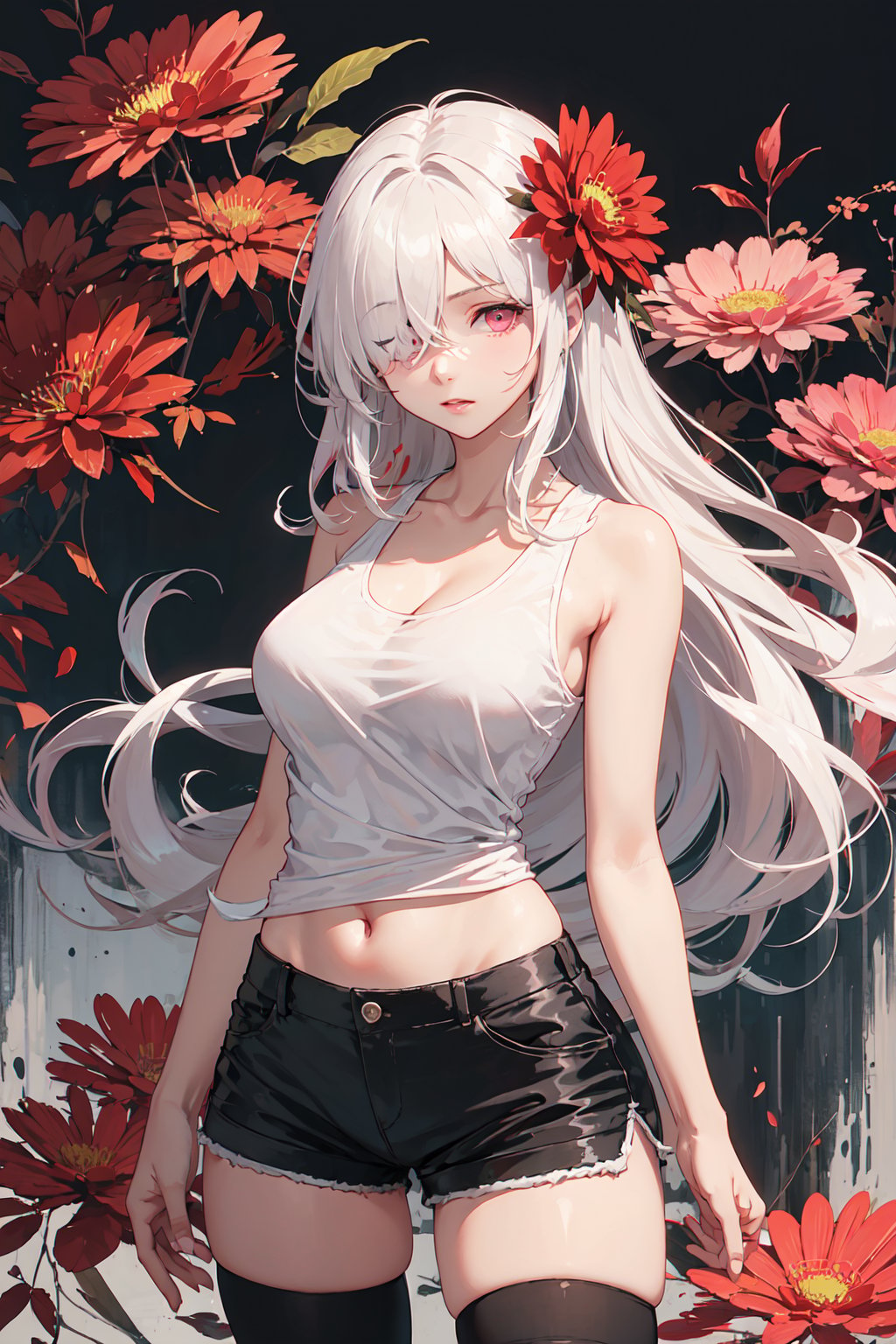 1girl, solo, black tank top, black micro shorts, thighhighs, large firm breasts, long hair, white hair, sidelocks, (hair over one eye:1.3), (abstract), (flowers), (flower), leaves, (reddish pink eyes), (contrapposto:1.2)