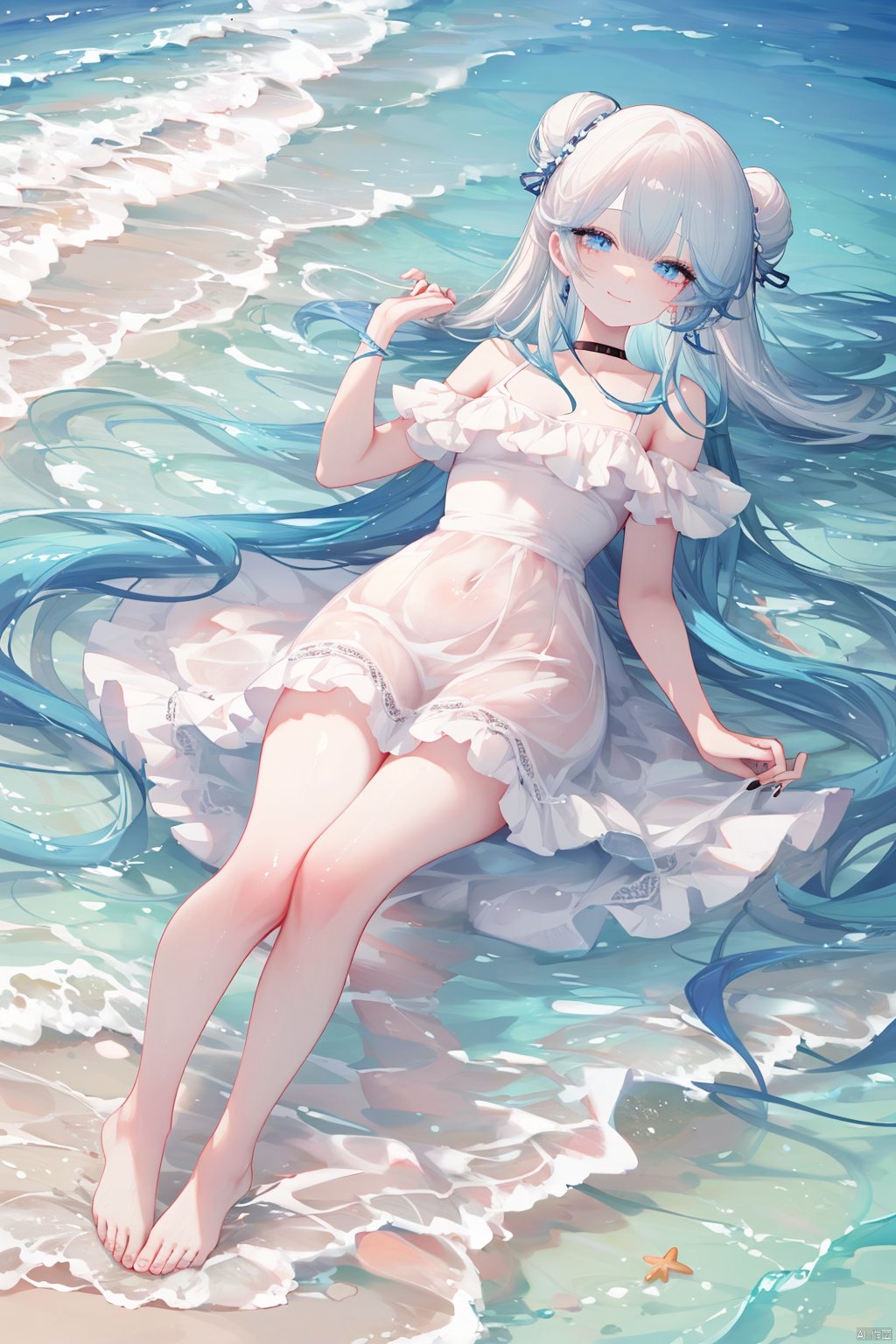  1girl,long hair,(blue hair),white hair ends,small breasts,sea blue eyes,white dress,[coral like hairpin],happy,sand,seabed,full body,