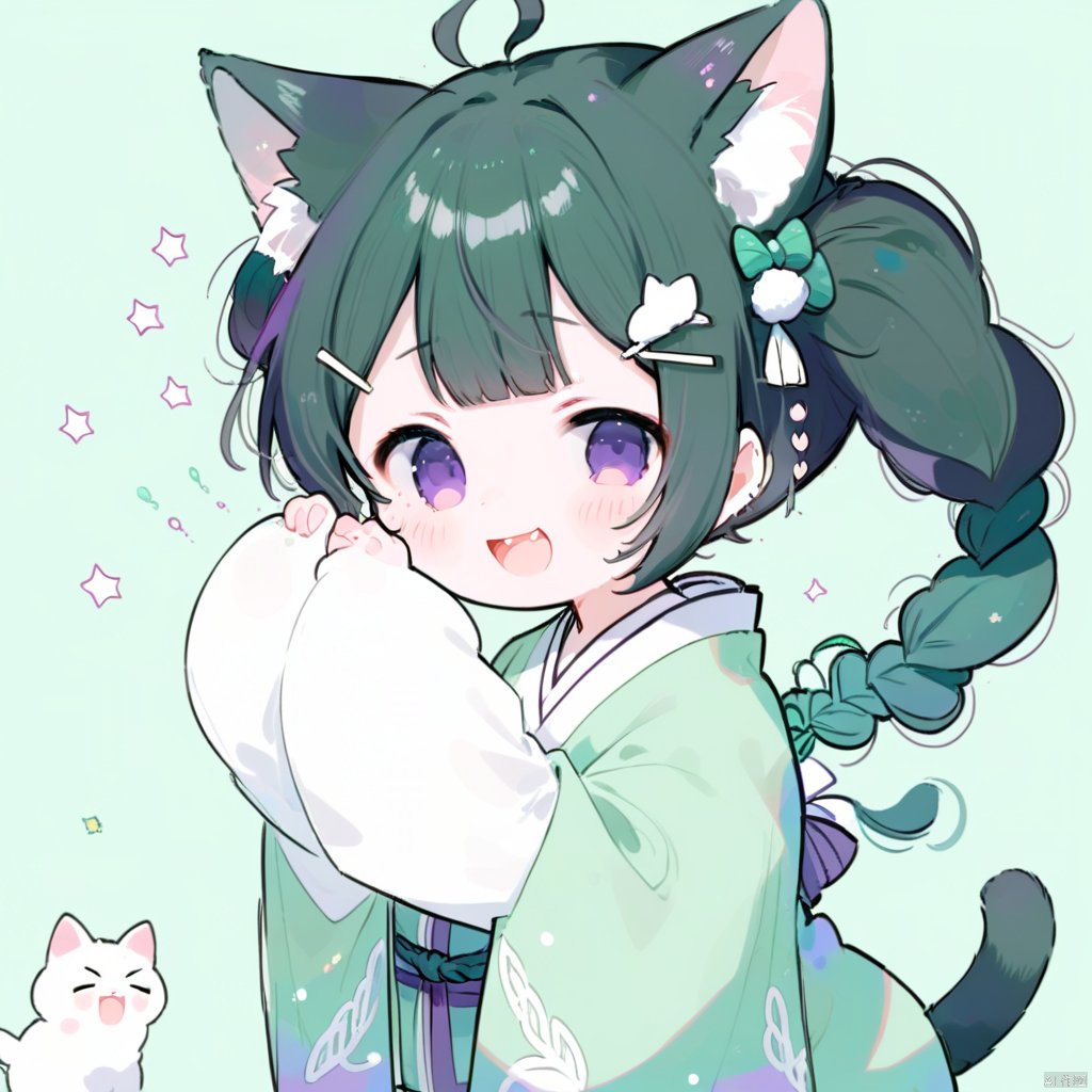  best quality,(masterpiece:1.3),1girl, animal ears, solo, drooling, tail, cat ears, purple eyes, animal ear fluff, cat tail, black hair, green background, bangs, long sleeves, japanese clothes, wide sleeves, +_+, open mouth, blush, hair bun, kimono, green kimono, chibi, sparkle, upper body, simple background, mouth drool, sleeves past wrists, saliva, hair ornament, cat girl, spoken object, single hair bun, kemonomimi mode, tail raised, hands in opposite sleeves, long hair, sleeves past fingers, sparkling eyes, low twintails, smile, :d, twintails, own hands together, hands up, braid