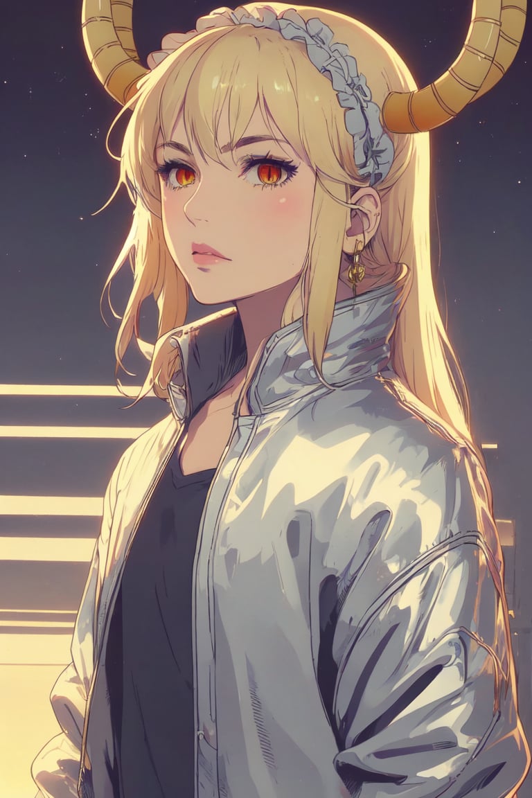 Silver jacket,tohru, blonde hair, horns