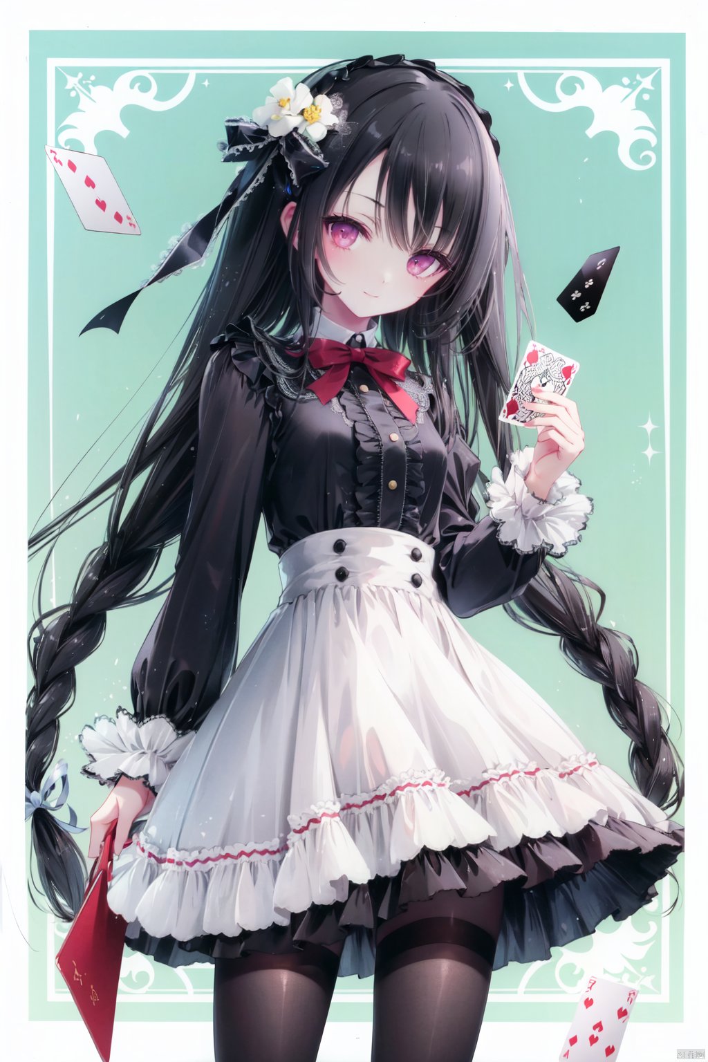 1girl, card, solo, long hair, pantyhose, playing card, black hair, dress, black pantyhose, ribbon, looking at viewer, red eyes, hair ornament, holding, holding card, very long hair, long sleeves, hair ribbon, bow, lolita fashion, argyle, spade \(shape\)