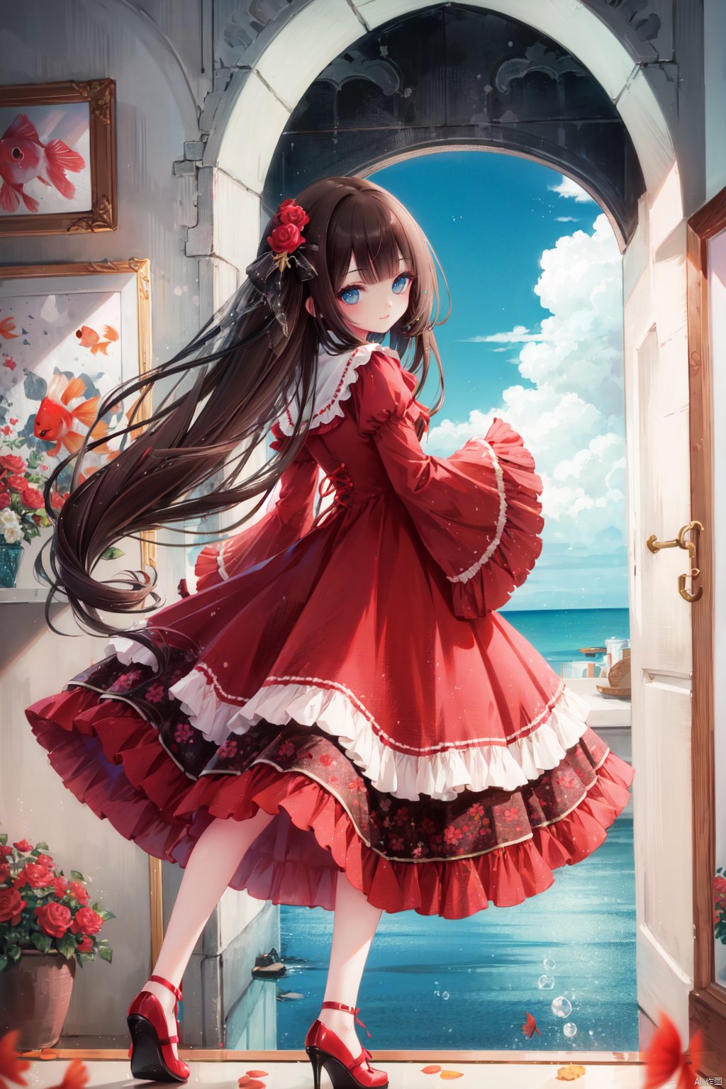 1girl, solo, fish, long hair, blue eyes, hair ornament, dress, smile, brown hair, looking at viewer, red dress, hair flower, flower, bangs, frills, red footwear, very long hair, goldfish, ribbon, long sleeves, high heels, blunt bangs, shoes, wide sleeves, lolita fashion, window