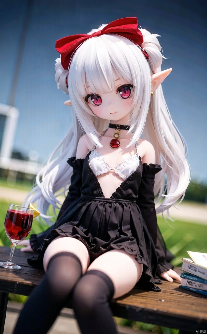 ff40745b5cMI, 1girl, thighhighs, solo, food, long_hair, flower, sitting, pointy_ears, smile, white_hair, red_eyes, jewelry, black_thighhighs, hair_bow, bow, spider_lily, earrings, choker, blurry, holding, depth_of_field, cup