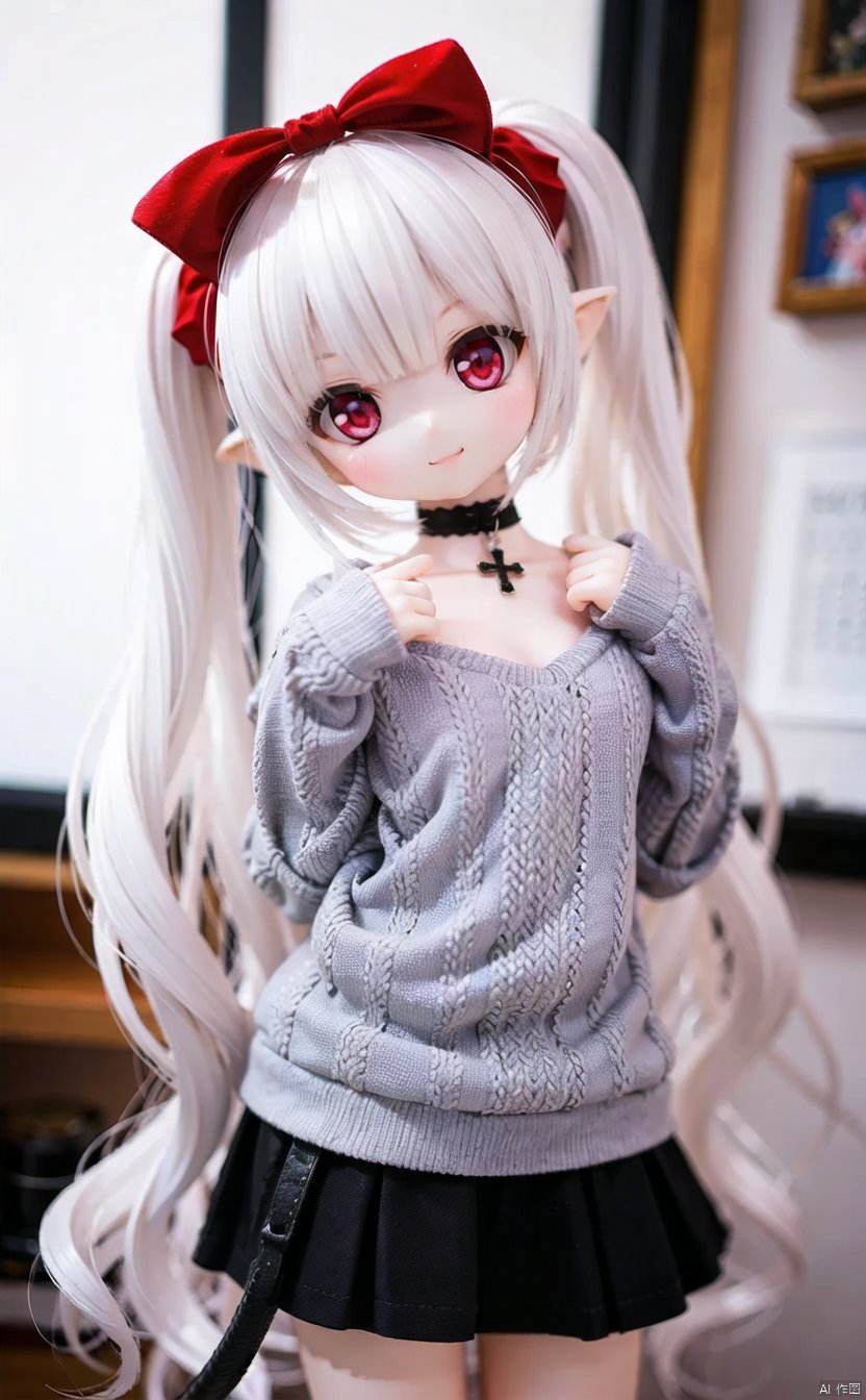 ff40745b5cMI, 1girl, tail, long_hair, demon_tail, solo, red_eyes, white_hair, choker, cross, smile, sweater, twintails, skirt, hair_bow, very_long_hair, bow, head_tilt