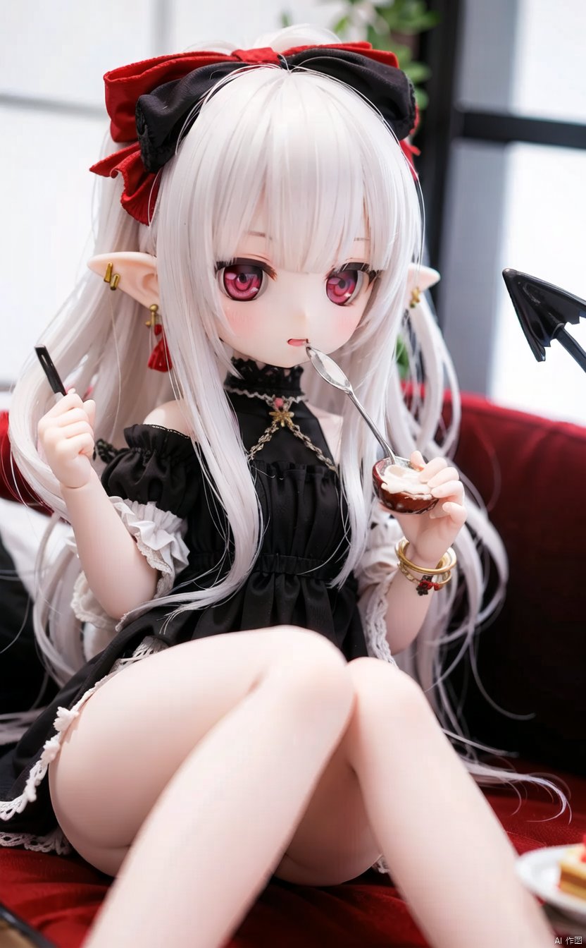 ff40745b5cMI, 1girl, red_eyes, long_hair, pointy_ears, white_hair, food, solo, tail, bow, demon_tail, sitting, table, hair_bow, earrings, jewelry, eating, fork, cup, spoon, cake