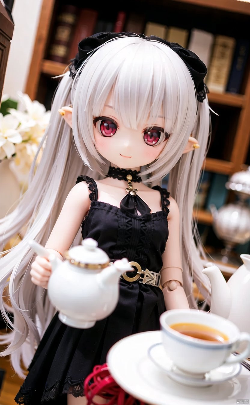 ff40745b5cMI, 1girl, tail, solo, white_hair, long_hair, red_eyes, doll_joints, smile, teapot, joints, demon_tail, cup, teacup, looking_at_viewer, blurry