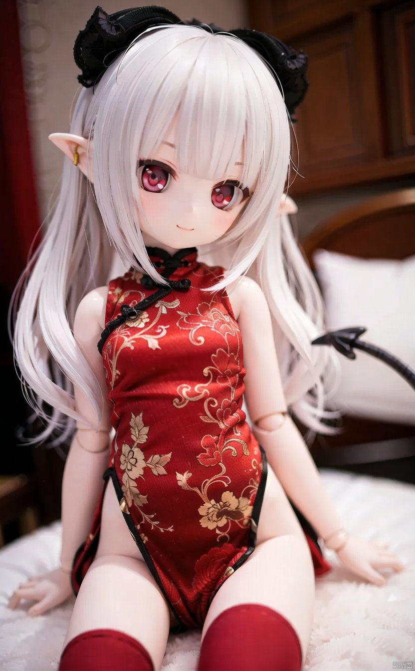 ff40745b5cMI,1girl,doll_joints,joints,tail,long_hair,red_eyes,thighhighs,white_hair,smile,chinese_clothes,demon_tail,dress,