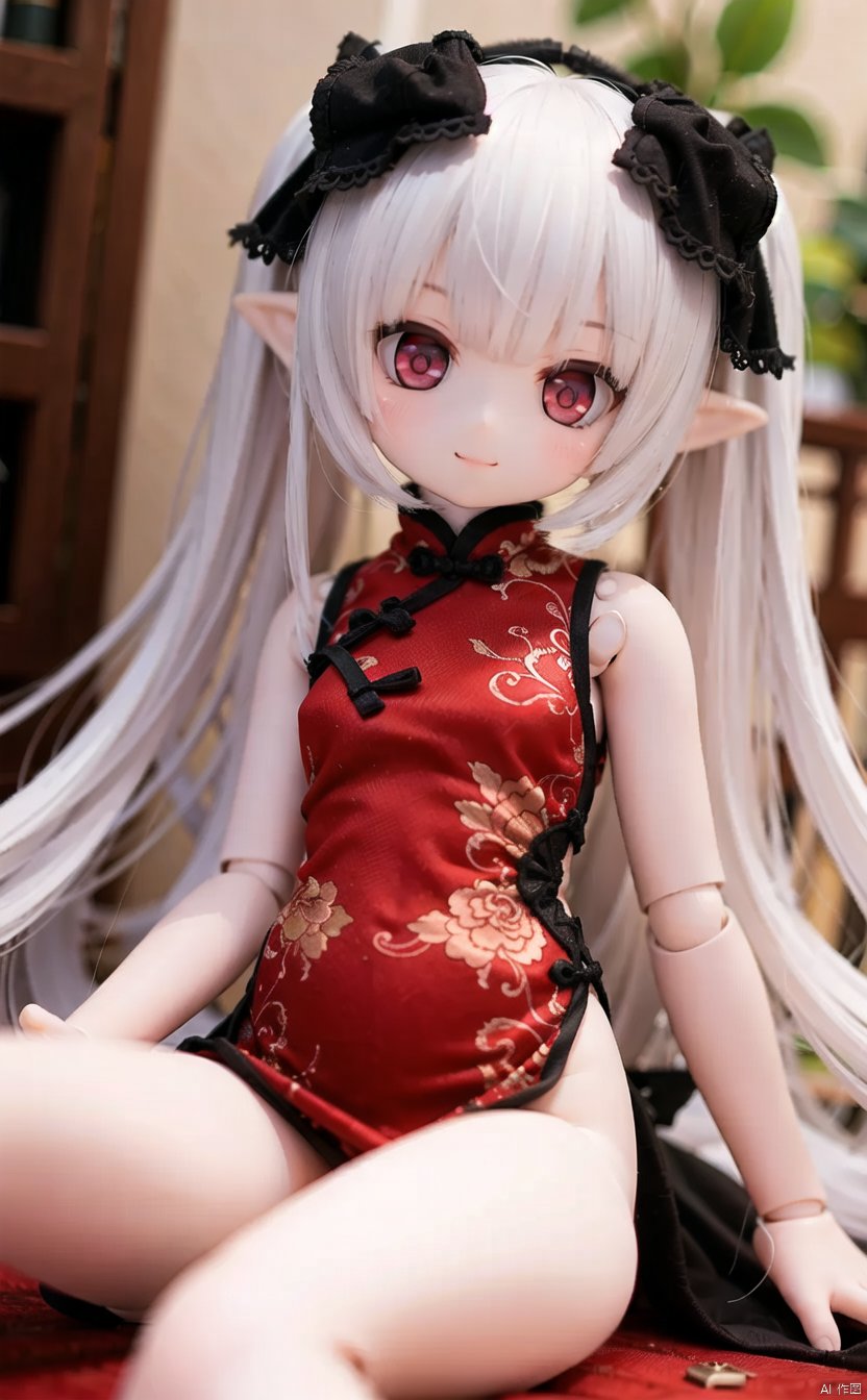 ff40745b5cMI,doll_joints,joints,1girl,red_eyes,white_hair,smile,long_hair,pointy_ears,dress,chinese_clothes,twintails,