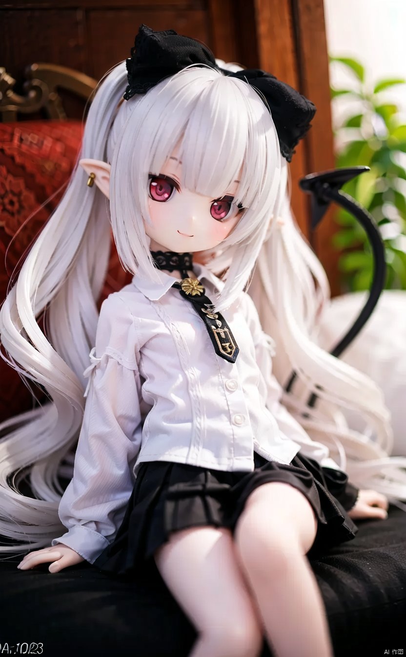 ff40745b5cMI, 1girl, solo, long_hair, tail, red_eyes, demon_tail, white_hair, smile, ribbon, skirt