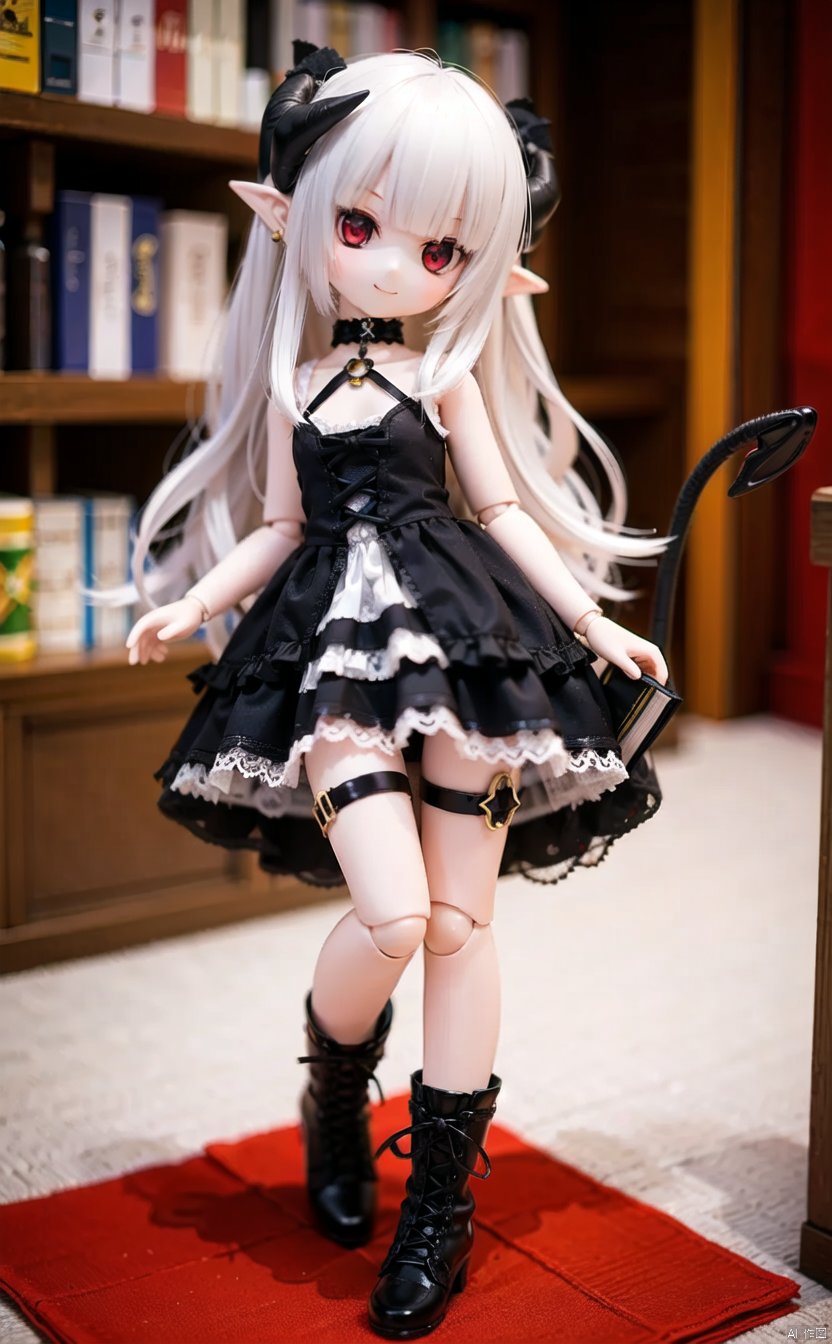 ff40745b5cMI, 1girl, solo, book, white_hair, doll_joints, dress, red_eyes, long_hair, pointy_ears, jewelry, tail, joints, pentagram, smile, horns, boots, black_dress