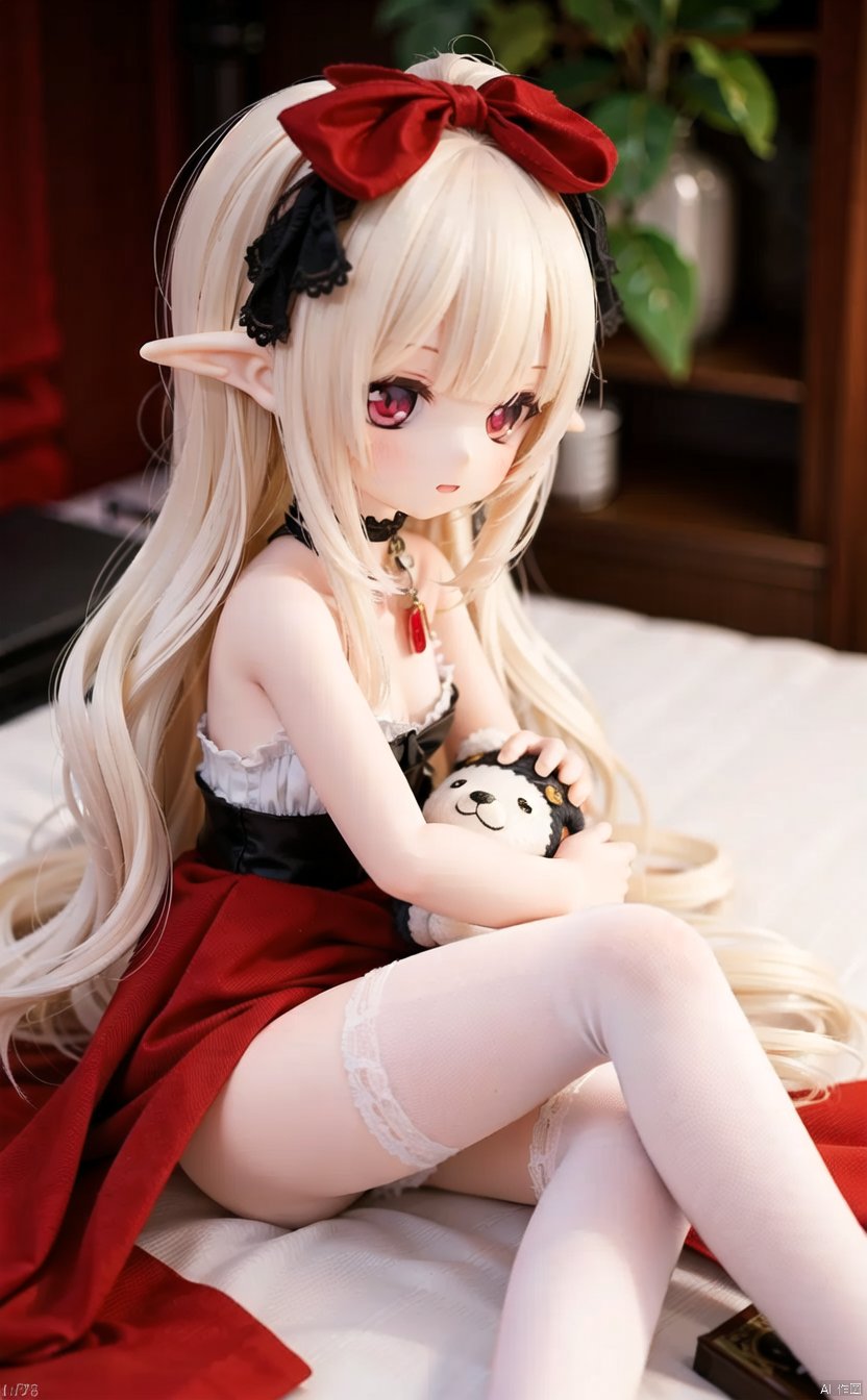 ff40745b5cMI,1girl,blonde_hair,red_eyes,stuffed_animal,stuffed_toy,thighhighs,long_hair,food,bow,