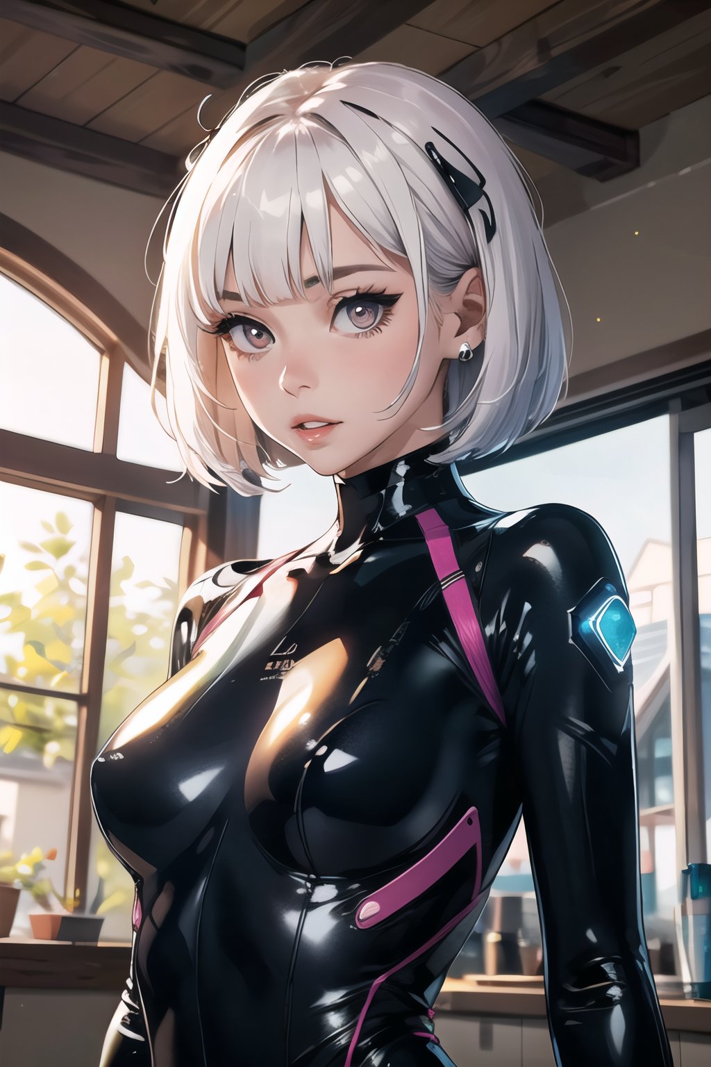 masterpiece, best quality,  1girl,   longtail bob, android, bodysuit, lcd display, parted lips, mismatched pupils, high_resolution