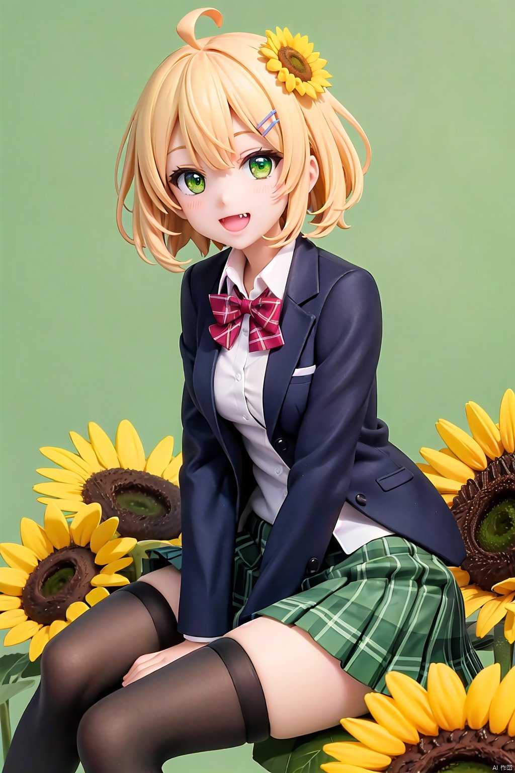  nai3, 1girl, hair ornament, solo, thighhighs, skirt, ahoge, virtual youtuber, green eyes, flower, shirt, green skirt, hair flower, looking at viewer, sitting, sunflower hair ornament, open mouth, bow, white shirt, hairclip, black thighhighs, smile, jacket, red bow, bangs, collared shirt, between legs, long sleeves, sunflower, plaid, plaid skirt, bowtie, :d, hand between legs, red bowtie, school uniform, blazer, zettai ryouiki, pleated skirt, medium hair, green background, fang, blonde hair, short hair, black jacket, feet out of frame, colors, backlight