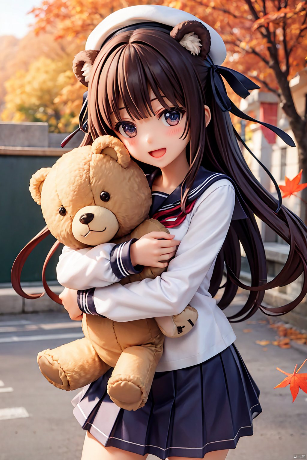  1girl, solo, stuffed toy, animal ears, stuffed animal, bag, teddy bear, autumn leaves, smile, long hair, looking at viewer, long sleeves, skirt, leaf, shirt, blush, open mouth, object hug, white shirt, bear ears, bell, ribbon, school uniform, sailor collar, bangs, hat,