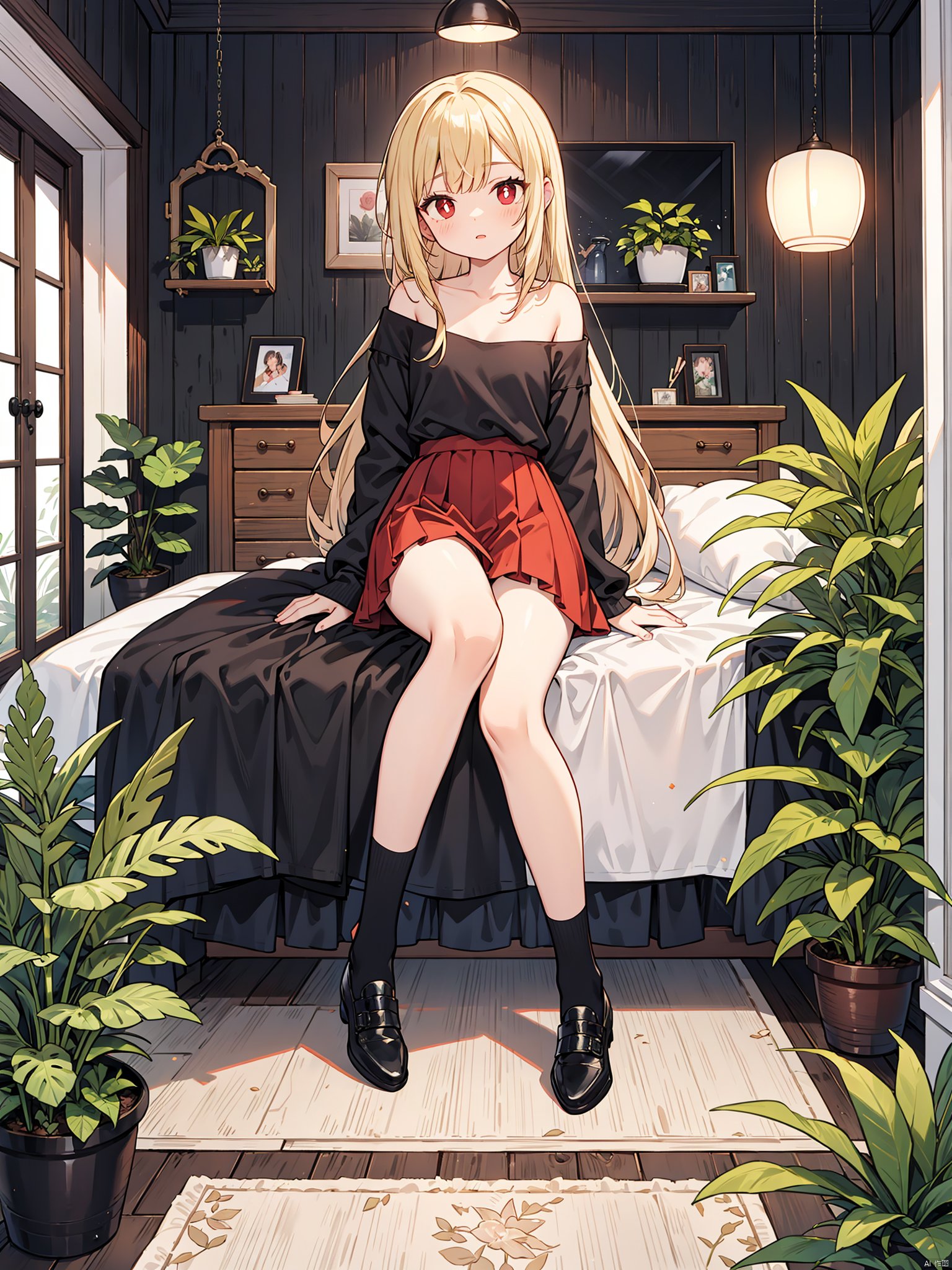 Beautiful figure,  bangs,  long hair,  black eye, night,  sitting in the room,  bedroom,  interior design,  indoor plants,  outdoor view,  blonde hair,  rose red pupils,  girl,  full body photo,  leg rings,  black top,  long hem,  covering hands,  red skirt,  short hem,  revealing collarbone,  off the shoulder,  small leather shoes