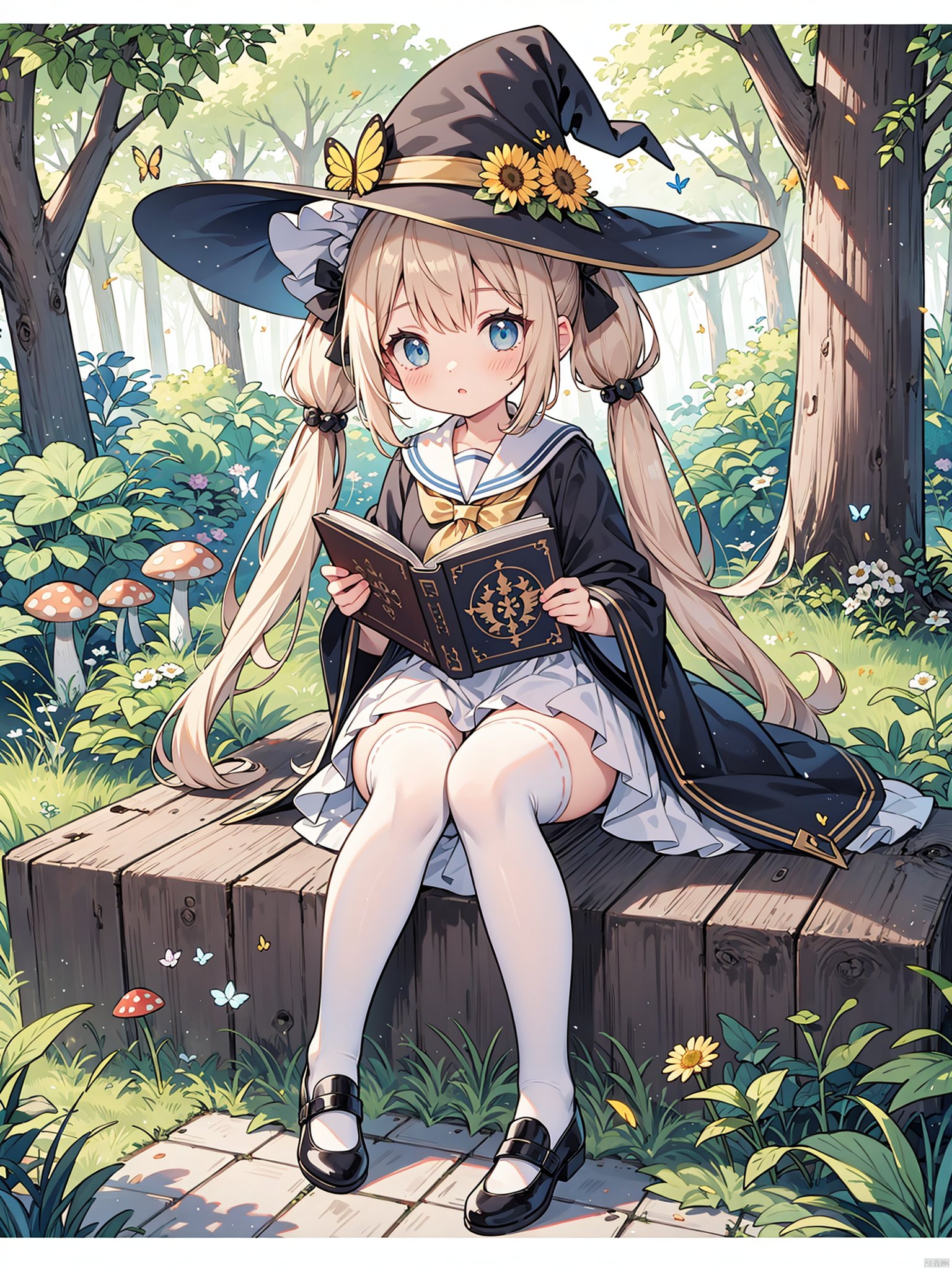 (very long hair, cowboy shot:1), (4349, 4349, 4349:1), 1girl, witch hat, hat, book, outdoors, tree, sitting, blue eyes, bug, mushroom, shoes, long hair, flower, (dandelion), butterfly, solo, nature, forest, hat flower, white thighhighs, looking at viewer, dress, blush, open book, bangs, holding book, sailor collar, twintails, black headwear, 1girl, witch hat, hat, book, outdoors, tree, sitting, blue eyes, bug, mushroom, shoes, long hair, flower, butterfly, solo, nature, forest, hat flower, white thighhighs, looking at viewer, dress, blush, open book, bangs, holding book, sailor collar, twintails, black headwear, 1girl, witch hat, hat, book, outdoors, tree, sitting, blue eyes, bug, mushroom, shoes, long hair, flower, butterfly, solo, nature, forest, hat flower, white thighhighs, looking at viewer, dress, blush, open book, bangs, holding book, sailor collar, twintails, black headwear