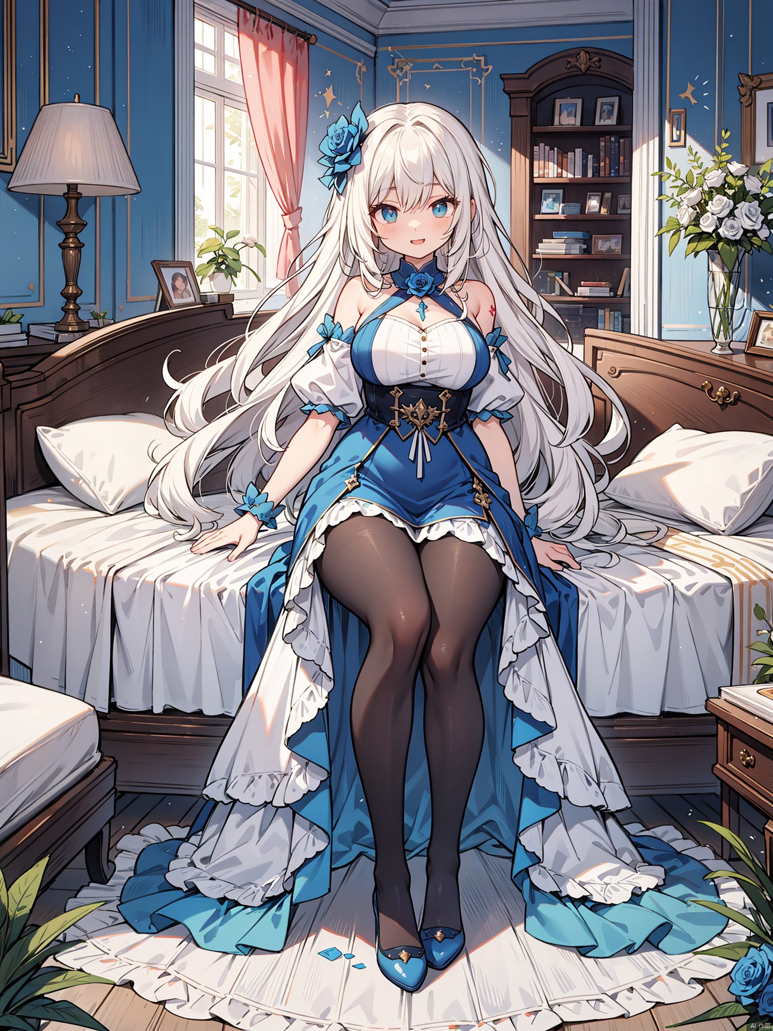 A oversized and loose colorful dress,  with fluffy and dense long hair,  slender legs,  leaning forward,  cheerful eyes,  mature charm,  tall figure,  full and round thighs,  huge chest circumference,  overturned to the ground,  blue rose tattoo,  pantyhose,  sitting by the collapsed bedside