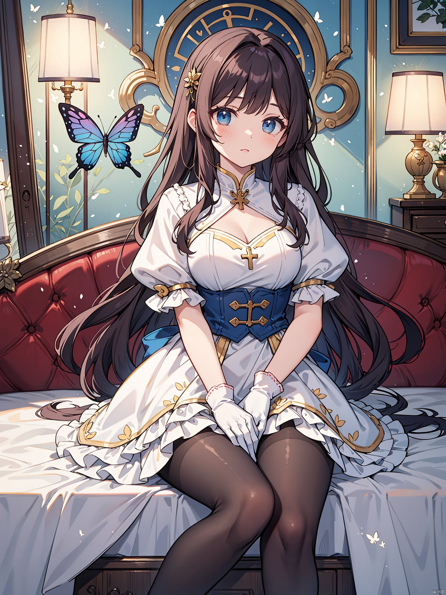 A woman in white dress sits on the bed with a butterfly on her arm,  a detailed painting,  Fan Qi,  soft lighting,  fantasy,  Kikukawa Yingzan,  sots art,  rococo,  with long hair and blue gloves,  sitting cross-legged on the bed,  Du Qiong,  pantyhose