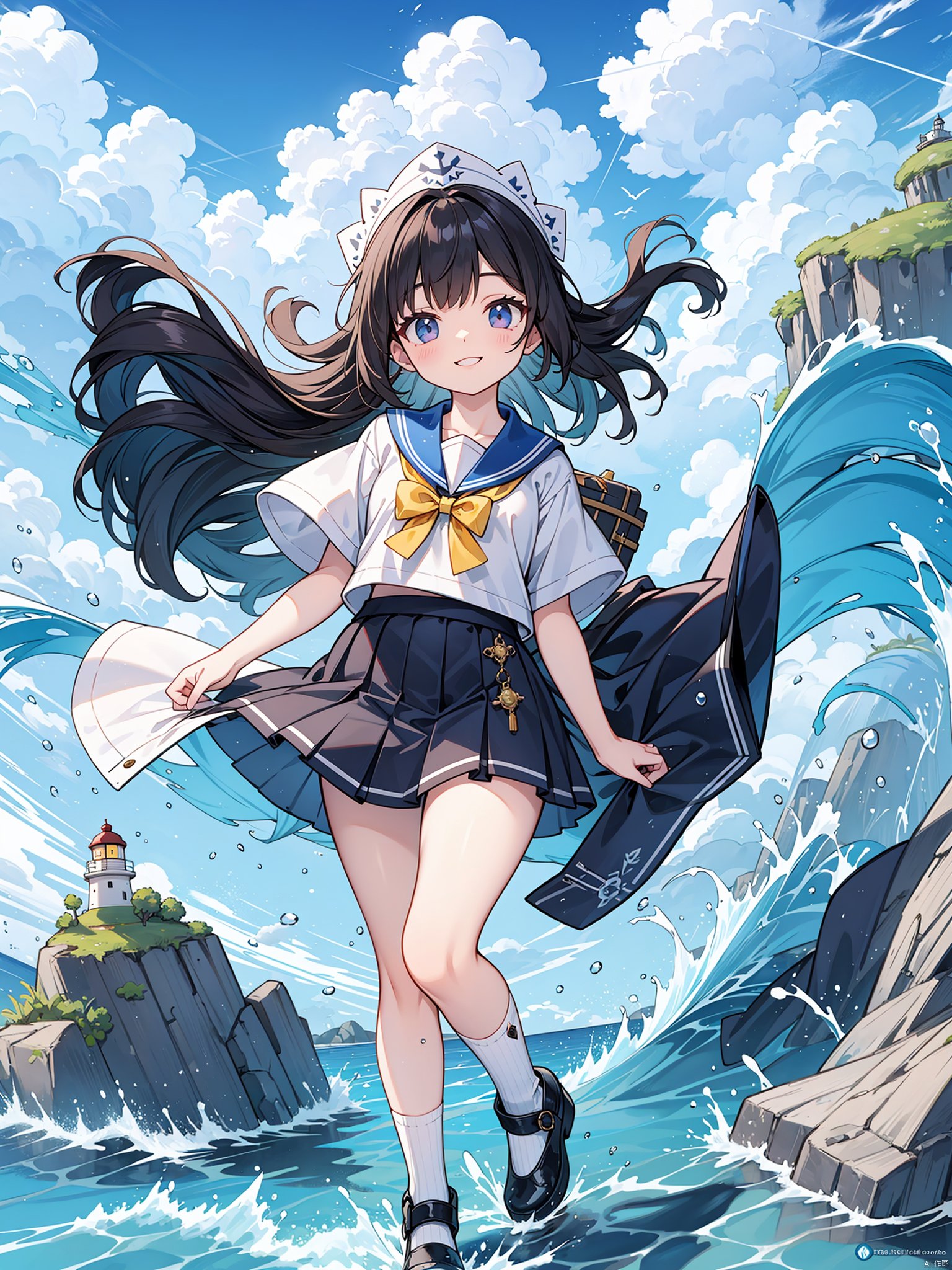 A girl stands on a beach embankment,  cute,  with long black hair (emitting),  large violet eyes (enlarged eye sockets),  a white headdress (style: ribbon),  a plump figure (chest),  a slender waist,  a white shirt (worn inside),  a blue sailor suit on the outside,  a yellow bow tie (checkered style),  a white short skirt (skirt hem with black edges),  smooth and moist thighs,  knee high white socks,  Mary Jane shoes,  and small feet; Smiling with an expression,  gazing into the sky; Up close is the sea and the long embankment,  with tides crashing against the rocks and beautiful water splashes. In the far view is an endless blue sky (sunny and cloudy),  with flowing clouds rolling and the sun shining on the water surface,  shimmering with waves. At the end of the seawall is a small hill (green) and a lighthouse on the mountain (white); HDR,  ultra wide angle,  epic composition,  natural lighting,  incident light (sky),  Tindar effect,  dyeing process,  image enhancement,  scene close-up,  informative painting,  detailed painting,  computer graphics,  CG,  exquisite artwork,  masterpiece,  masterpiece.