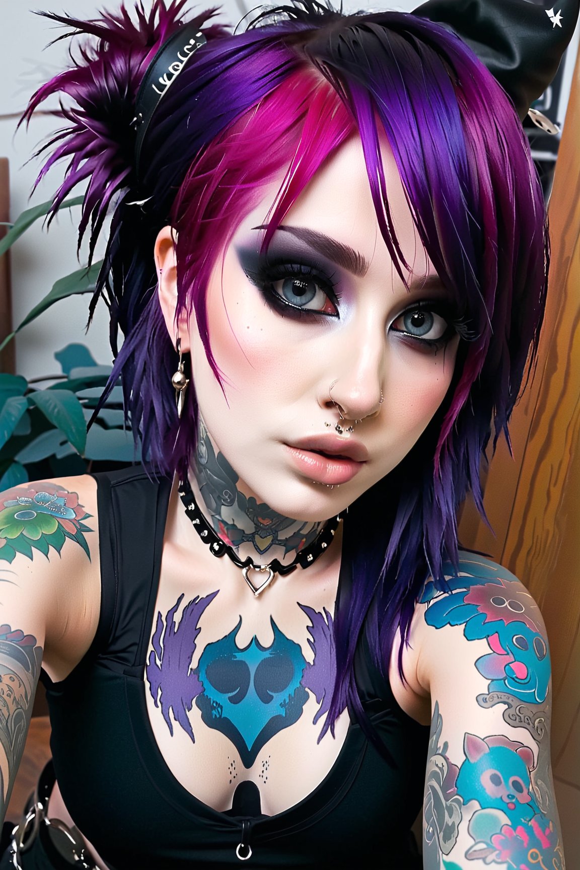 1girl, pink-emo, piercings, septum_ring, tattoos