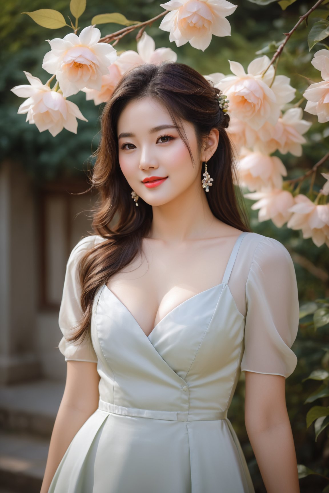 (young adult,  beautiful,  seductive,  alluring),  (best quality,  highres,  ultra-detailed),  (oil painting,  fine art),  (vibrant colors,  warm tones),  (soft lighting,  dramatic shadows),  (deep gaze,  captivating eyes),  (rosy lips,  luscious mouth),  (porcelain skin,  flawless complexion),  (elegant dress,  revealing neckline),  (attractive pose,  confident stance),  (lush garden background,  blooming flowers),  (subtle breeze,  swaying leaves),  (romantic atmosphere,  dreamy ambiance),  (sensual expression,  subtle smile), korean,<lora:EMS-261452-EMS:0.800000>