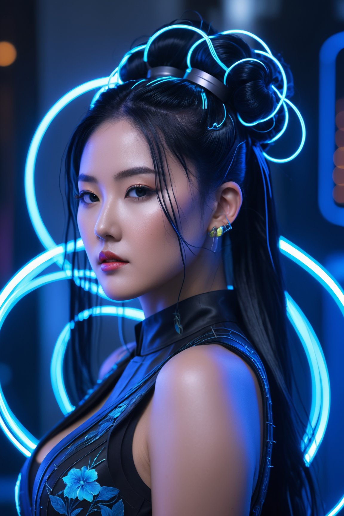 (best quality,  8K,  highres,  masterpiece),  ultra-detailed,  cyberpunk woman adorned with long black hair fashioned into space buns. In this ethereal scene,  she embodies the role of the goddess of horticulture,  surrounded by millions of microscopic,  ultra-bright blue neon strings emanating from her form. composition showcases a stunningly beautiful backlit silhouette,  intricately detailed and adorned with neon clouds,  creating a mesmerizing and vivid blue color palette, korean,<lora:EMS-261452-EMS:0.800000>