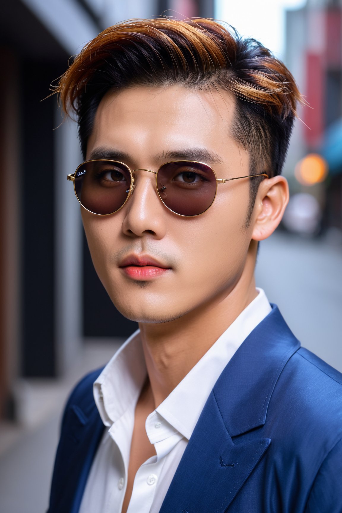 (korean, boy, handsome, sunglass), (portrait), (best quality, ultra-detailed), (realistic), (vivid colors), street style, urban setting, confident expression, jawline, cool attitude, intense gaze, stylish outfit, modern sunglasses, lit background, sharp focus, smooth complexion, fashionable, hair style with volume, positive vibe, striking features, sleek appearance, popular, edgy look, photorealistic, close-up shot, asian features, well-groomed, (perfect lighting, studio lighting:1.2), (colorful), (high contrast), youthful energy,<lora:EMS-261452-EMS:0.800000>