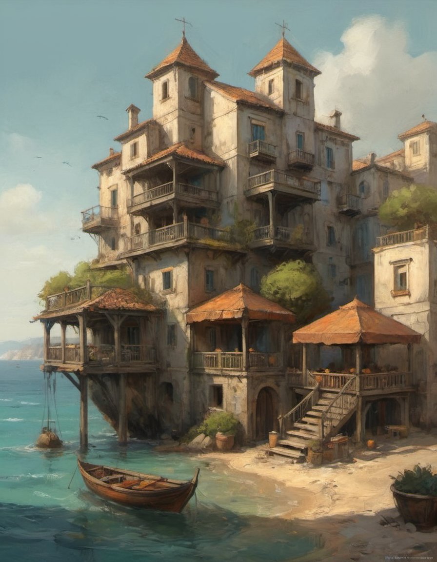 by Alejandro Burdisio coastal town dwelling in mediterranean biome Cel Shaded Art 2D flat color toon shading cel shaded style  neo-expressionism