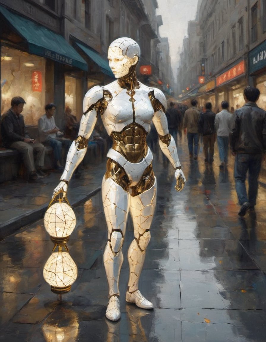 an android made of reflective chrome and cracked white porcelain kintsugi beautiful lighting background busy street sidewalk bustling with humans