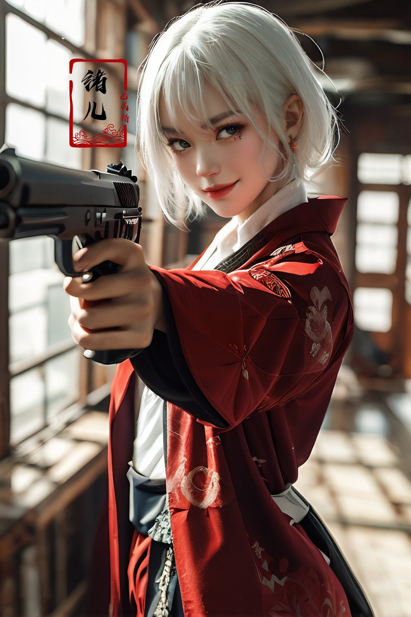 xuer pistol,  white hair,<lora:绪儿-手枪 xuer pistol:0.8>,evil smile,miko,