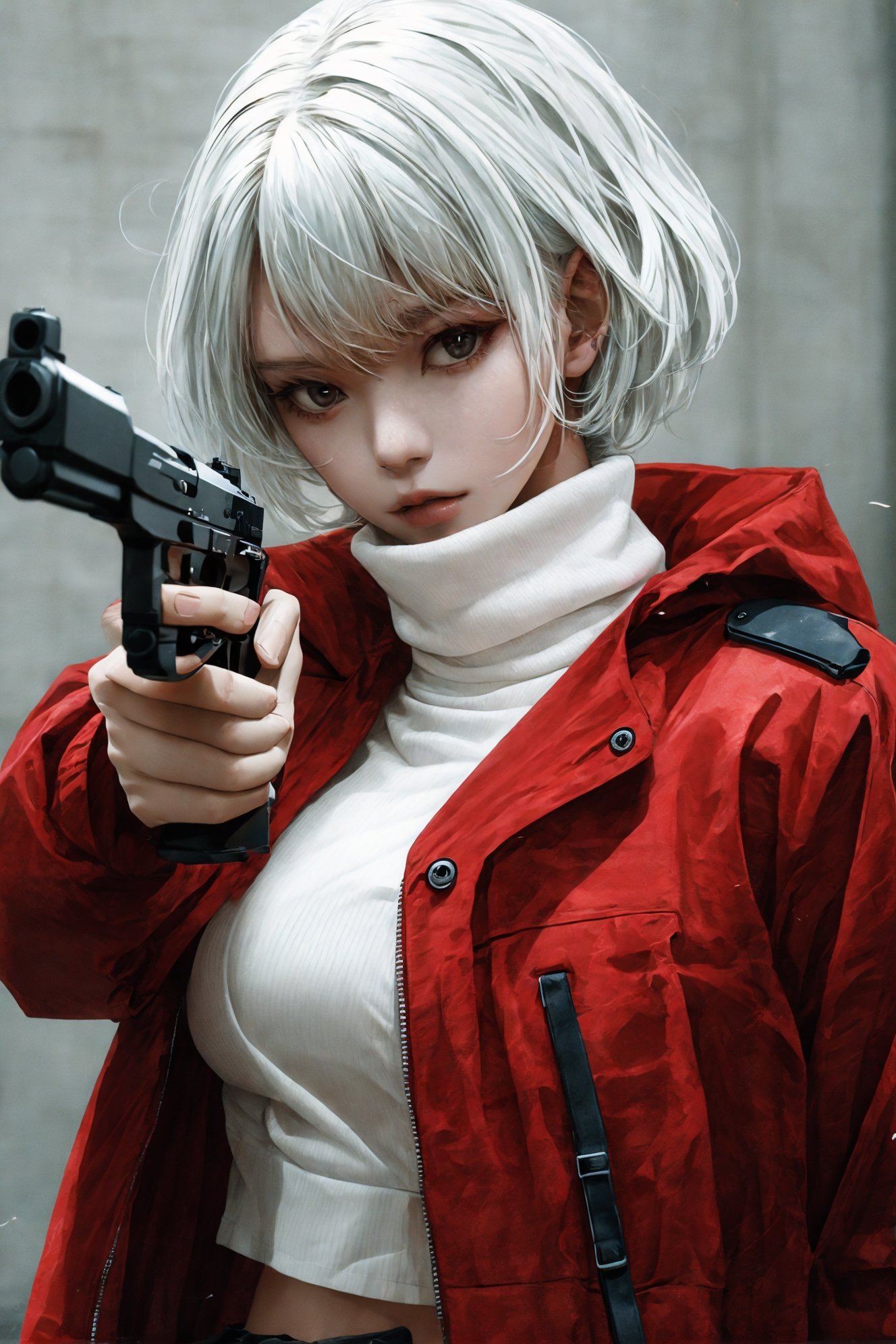 xuer pistol,white hair, turtleneck,<lora:绪儿-手枪 xuer pistol:0.8>