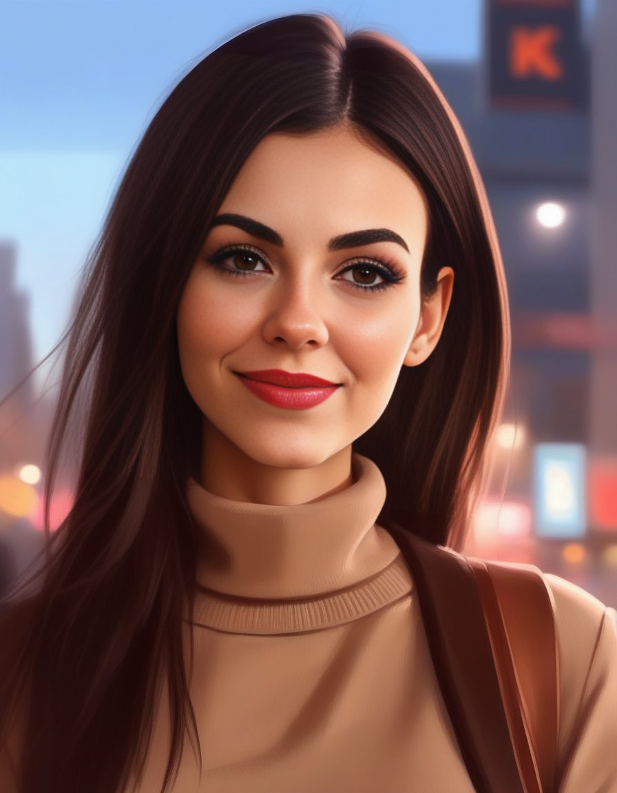 VictoriaJustice,  young Disney socialite wearing a beige miniskirt,  dark brown turtleneck sweater by parar20 on Tensor.Art
