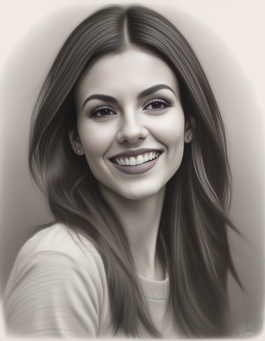 VictoriaJustice,  sketching on ivory paper with charcoal pencil,  in the style of realistic hyper-detailed portraits by pa...