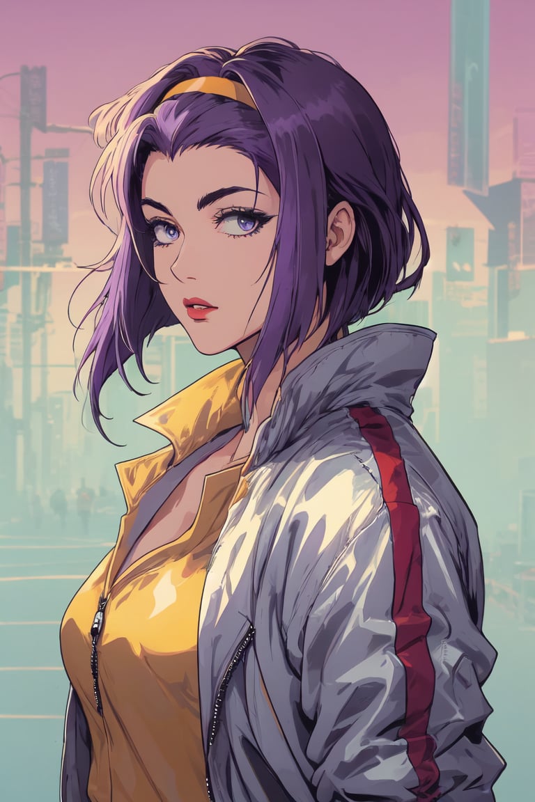 fayevalentine, purple hair, ,yellow hairband,Silver jacket 