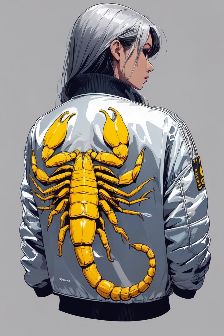 Silver jacket, yellow scorpion printed on the back, back angle, 1girl