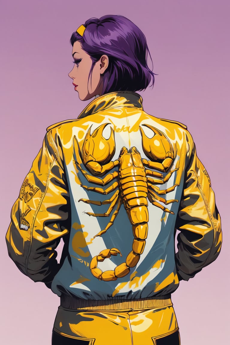 fayevalentine, purple hair, yellow hairband,Silver jacket, yellow scorpion printed on the back, back angle