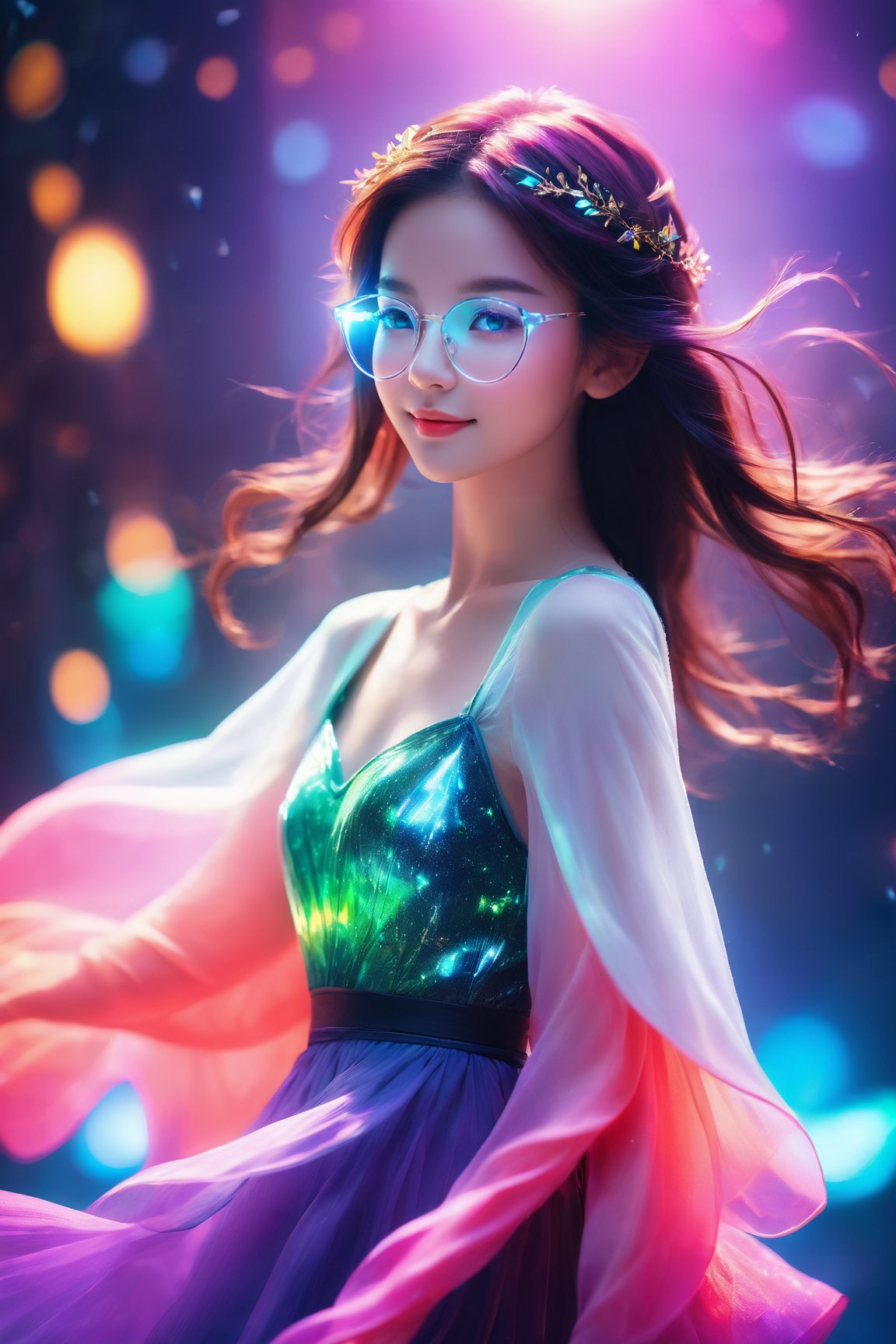 Translucent glowing body, glowing, elf model, 1 girl, snow-white skin, black neon lights, long exposure, motion blur, 1 girl (bright atmosphere, charming light, bright lighting, agile glasses, smile, glasses, ethereal atmosphere, mesmerizing light, unforgettable tones, charming colors, dramatic lighting, charming halo, gradient skirt),
