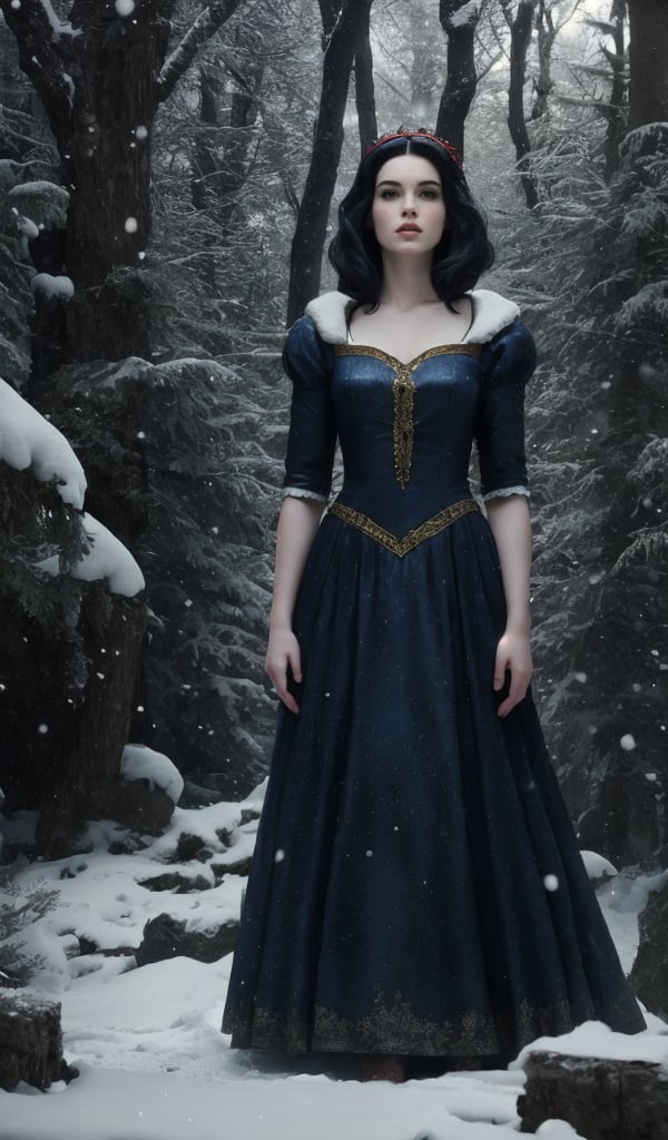 gotic snow white standing in mystery forest, 4k Hyperreallistic, detailed, masterpiece.