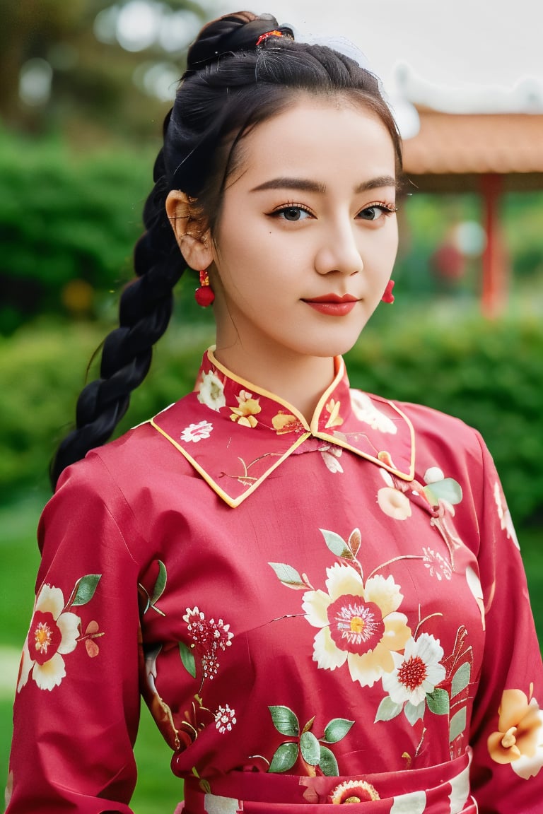 1girl, wearing a Chinese dress, flower garden background, hair in pigtails, hair tied back together,  slanted eyes,cwkcntk,dilraba,dilraba ,cwkchinese