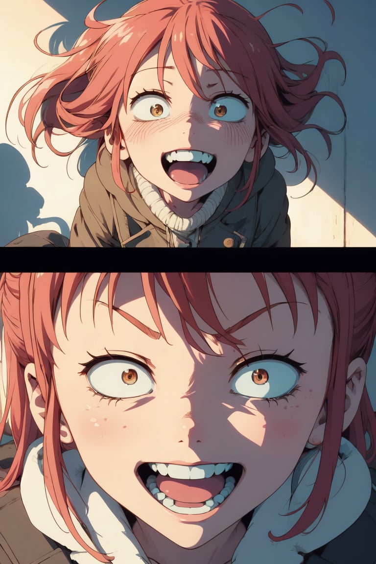 Crazy face, crazy laugh, crazy eyes, strong shadows, detailed face,hmochako,kobayashi