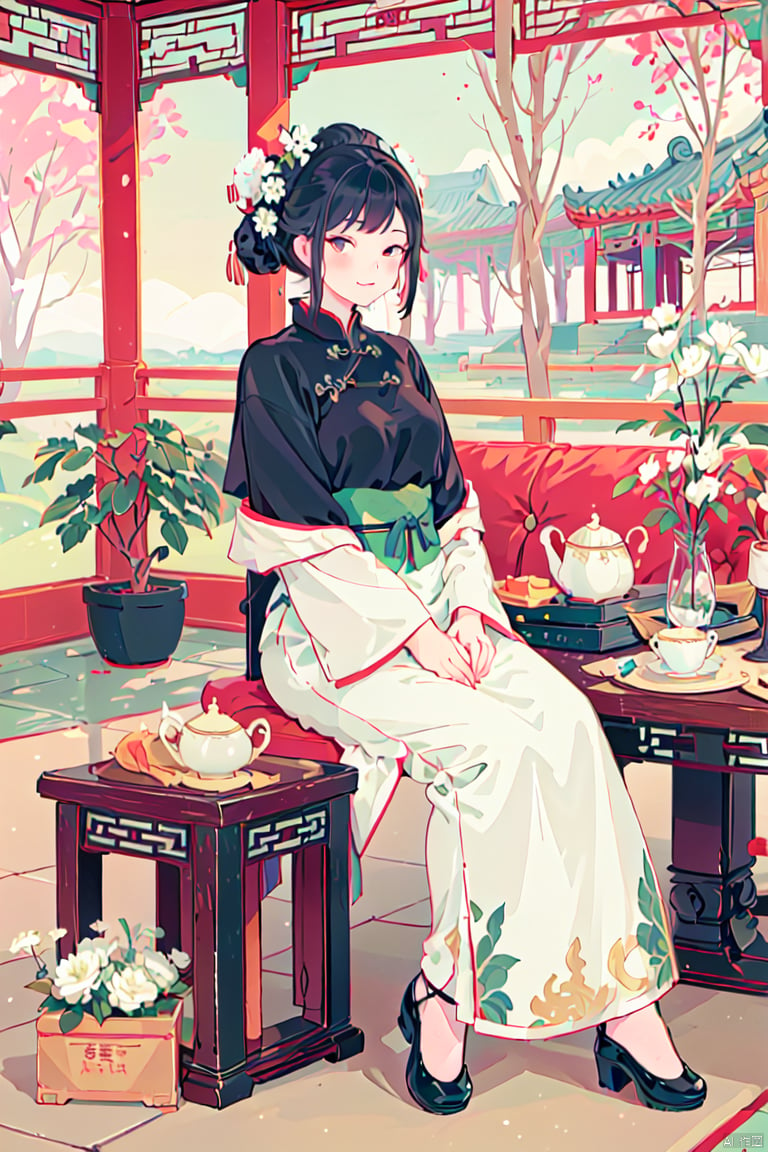 masterpiece, best quality, chinese style, 1girl,  flower,  black hair,  tree,  vase,  architecture,  solo,  sitting,  teapot,  east asian architecture,<lora:EMS-174598-EMS:1.000000>,<lora:EMS-261992-EMS:0.600000>