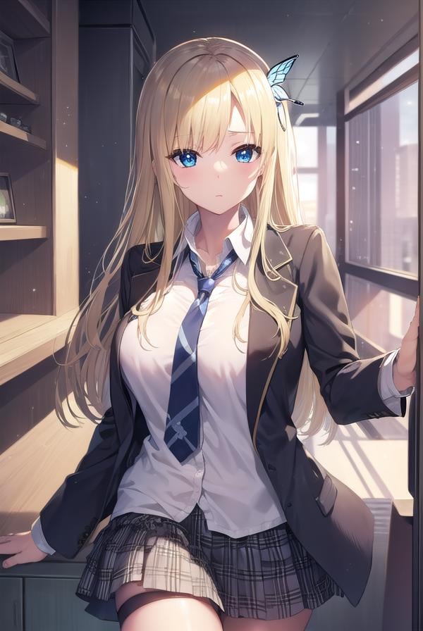 senakashiwazaki, <lora:sena kashiwazaki-lora-nochekaiser:1>,sena kashiwazaki, blonde hair, butterfly hair ornament, hair ornament, long hair,BREAK cardigan, checkered clothes, checkered skirt, jacket, long sleeves, necktie, school uniform, shirt, skirt, st. chronica academy school uniformBREAK indoors, classroom,BREAK looking at viewer, (cowboy shot:1.5),BREAK <lyco:GoodHands-beta2:1>, (masterpiece:1.2), best quality, high resolution, unity 8k wallpaper, (illustration:0.8), (beautiful detailed eyes:1.6), extremely detailed face, perfect lighting, extremely detailed CG, (perfect hands, perfect anatomy),