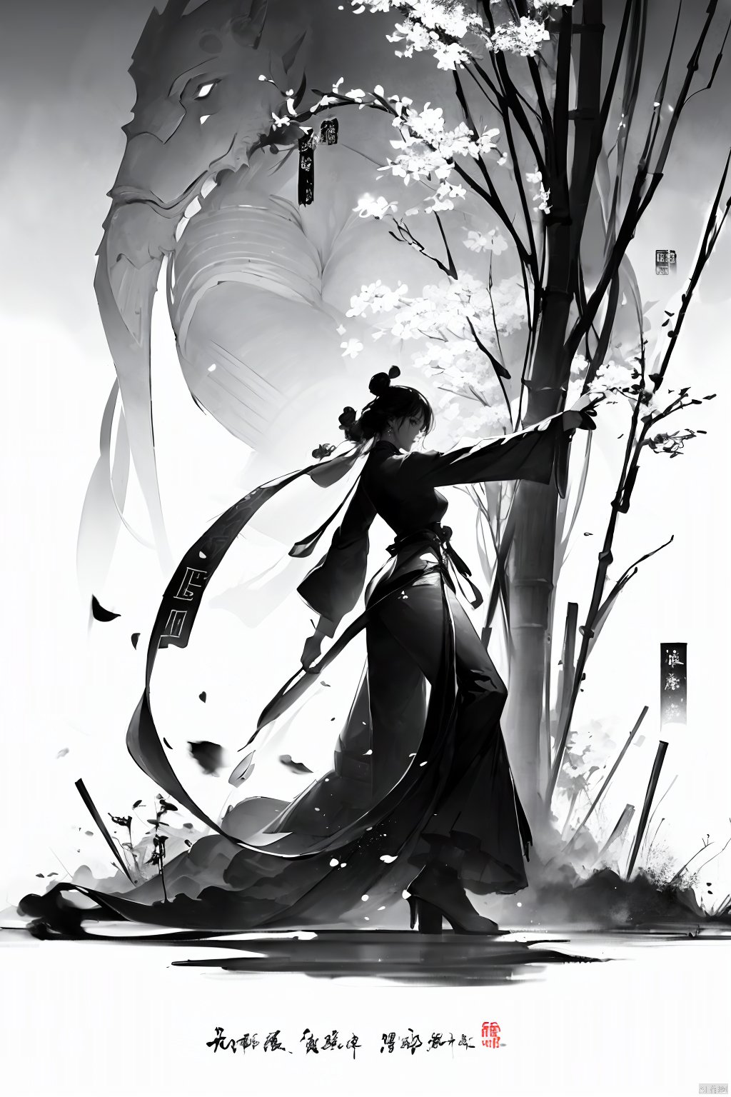  A girl, Chinese style, knight-errant, elegant long skirt, martial arts, Keywords ink bamboo, bamboo forest,with pieces of ink bamboo behind her, all taken, Ink scattering_Chinese style, Anime, yjmonochrome