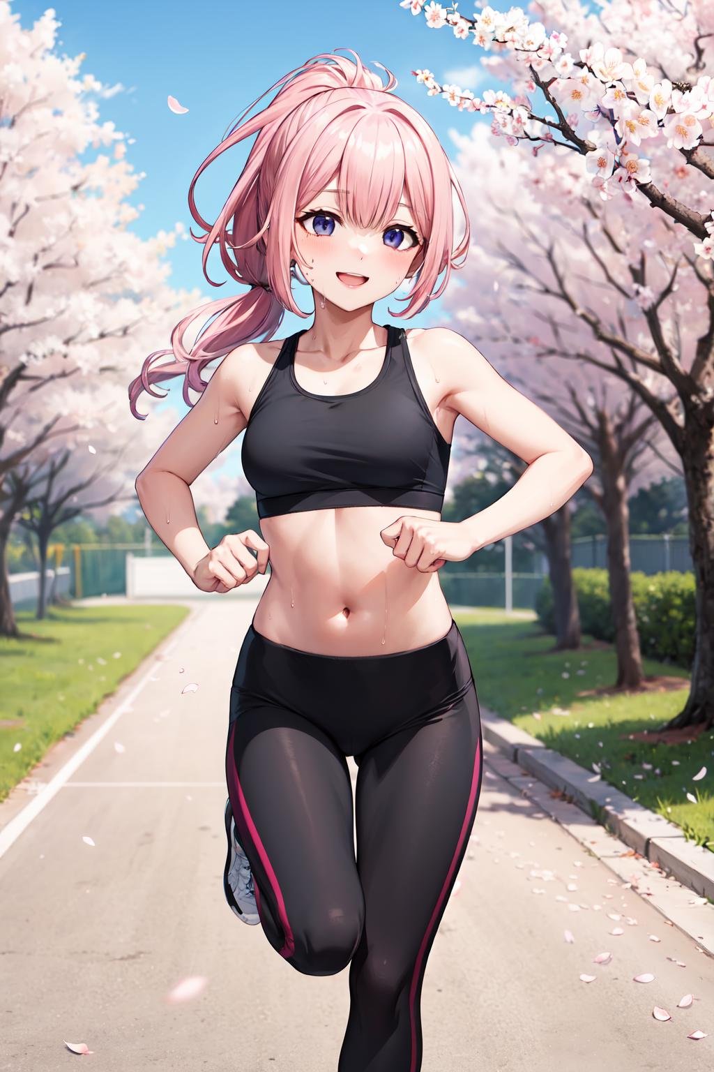 masterpiece,best quality,highres,ultra-detailed,aasango,long hair,bangs,hair between eyes,<lora:suou_sango:0.8>,sports bra,(leggings:1.2),outdoors,cherry blossoms,smile,sweat,running,ponytail,