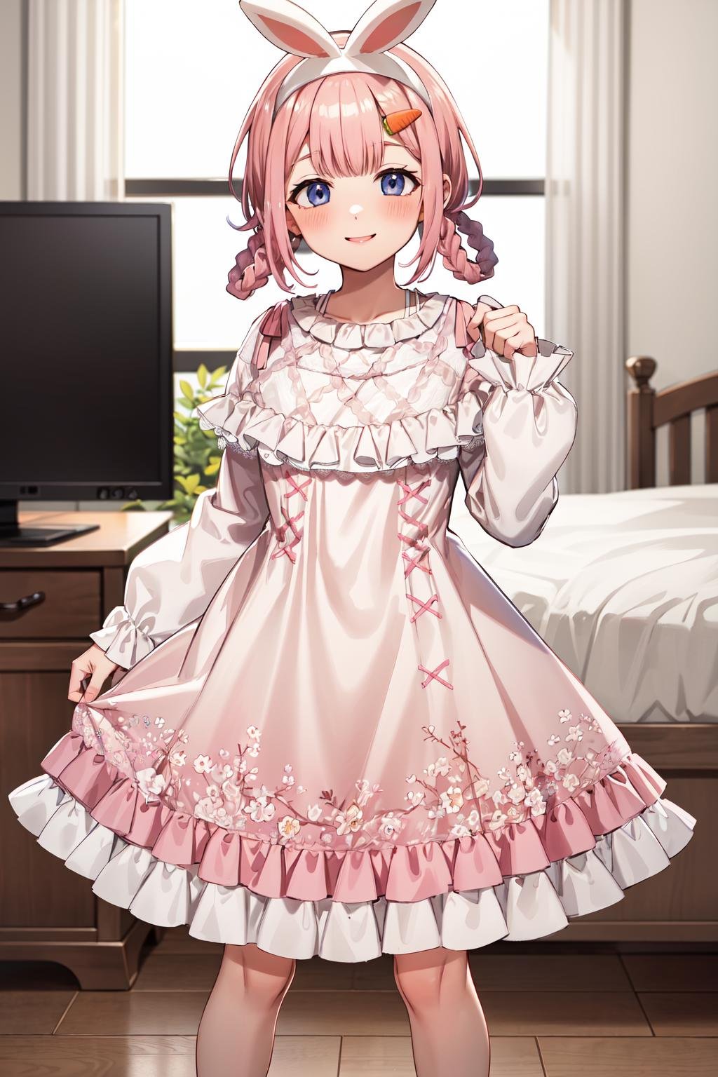 masterpiece,best quality,highres,ultra-detailed,bbsango,pink hair,rabbit ears,short hair,twin braids,hair rings,bangs,hairclip,carrot hair ornament,dress,white dress,frills,puffy long sleeves,ribbon,shirt,slippers,animal slippers,<lora:suou_sango:0.8>,indoors,bed,blush,standing,cowboy shot,smile,