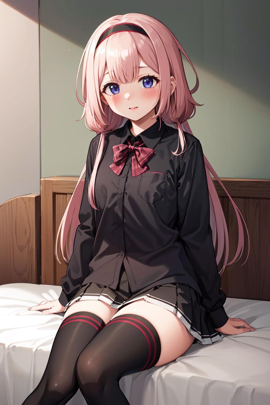 masterpiece,best quality,highres,ultra-detailed,aasango,hairband,long hair,bangs,hair between eyes,school uniform,plaid bow,shirt,collared shirt,black shirt,long sleeves,black skirt,black thighhighs,<lora:suou_sango:0.8>,indoors,bed,sitting,blush,(embarrass:0.8),