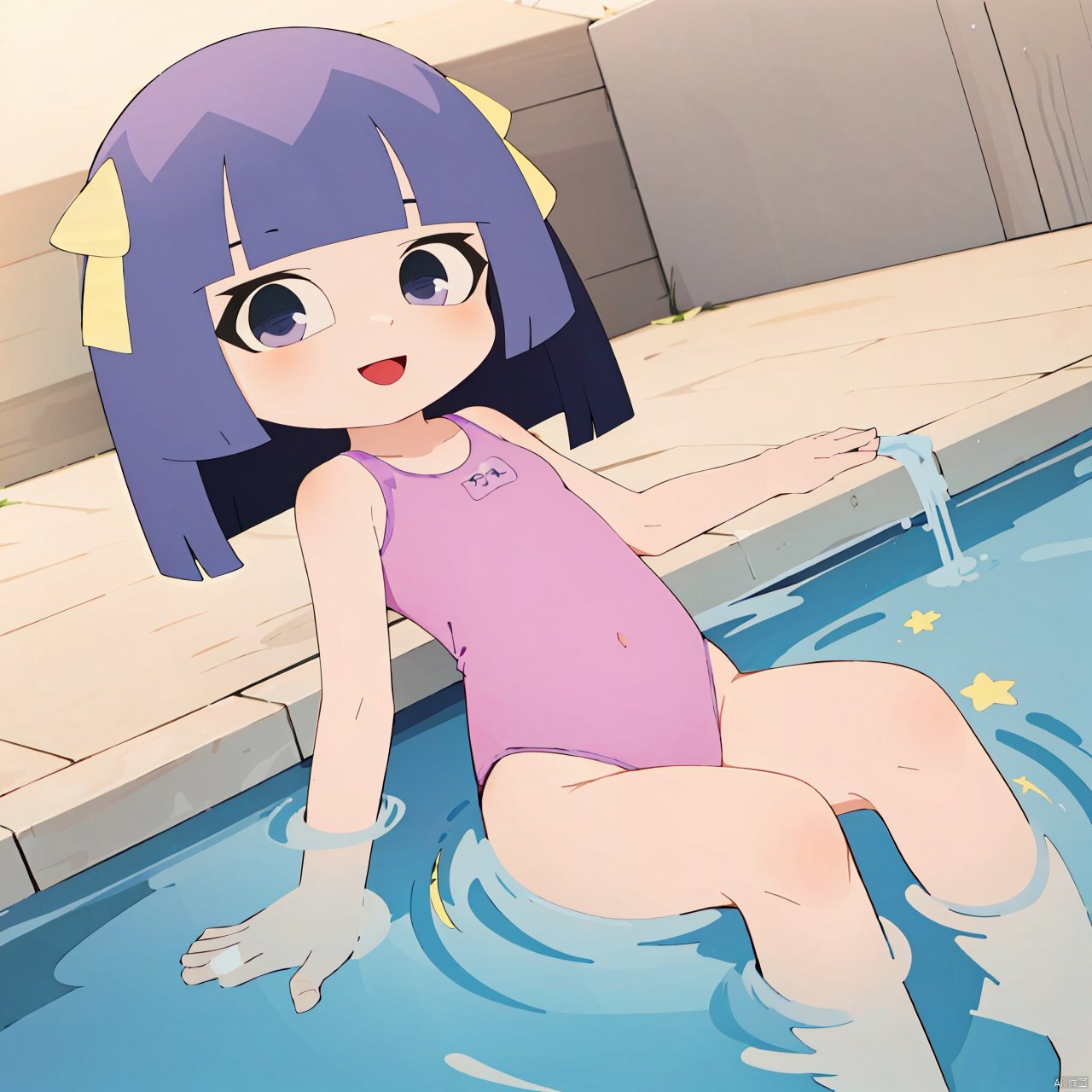 taosu, 1girl, solo, purple eyes, bangs, blunt bangs, purple hair, long hair, yellow ribbonm, smile, pink one-piece swimsuit, 