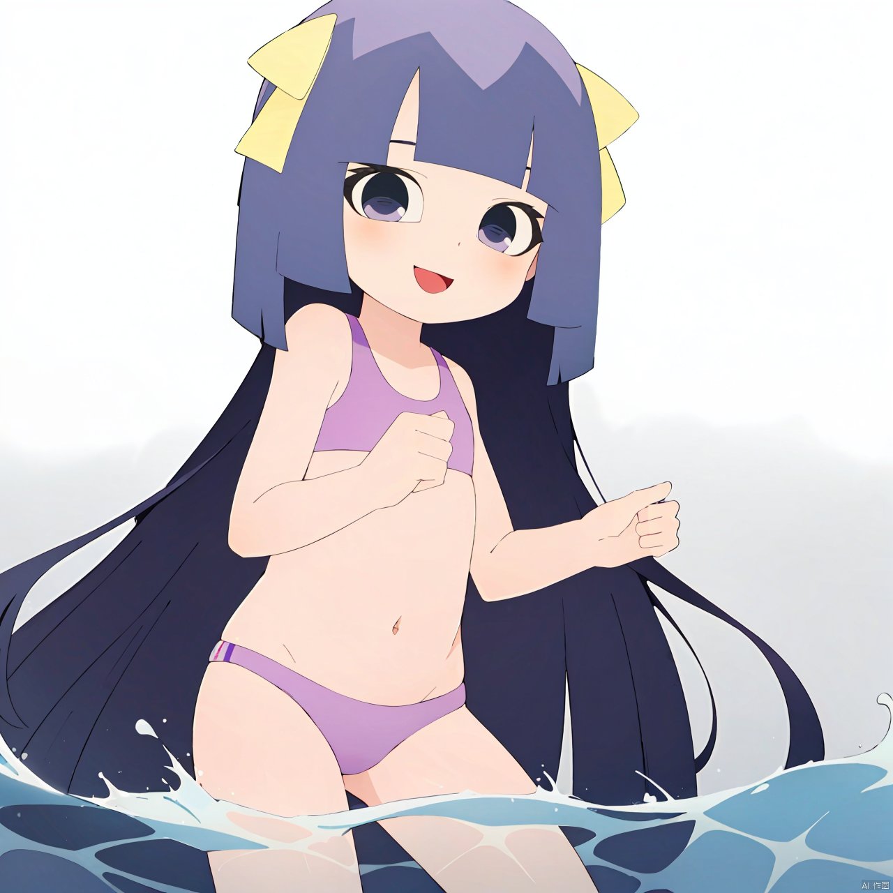 taosu, 1girl, solo, purple eyes, bangs, blunt bangs, purple hair, (long hair:1.3), yellow ribbonm, smile, swimsuit, 