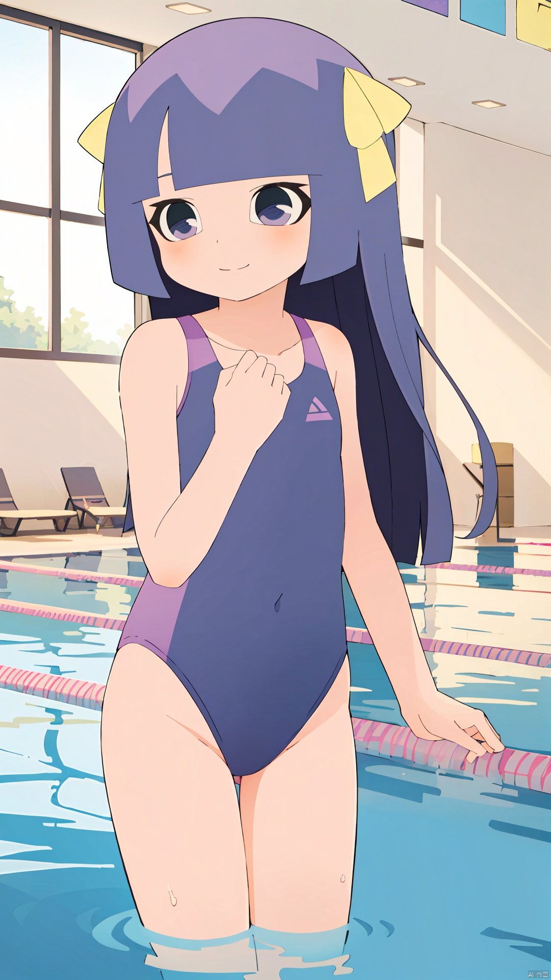 taosu, 1girl, solo, purple eyes, bangs, blunt bangs, purple hair, (long hair:1.3), yellow ribbonm, smile, pink one-piece swimsuit, swimming pool, 