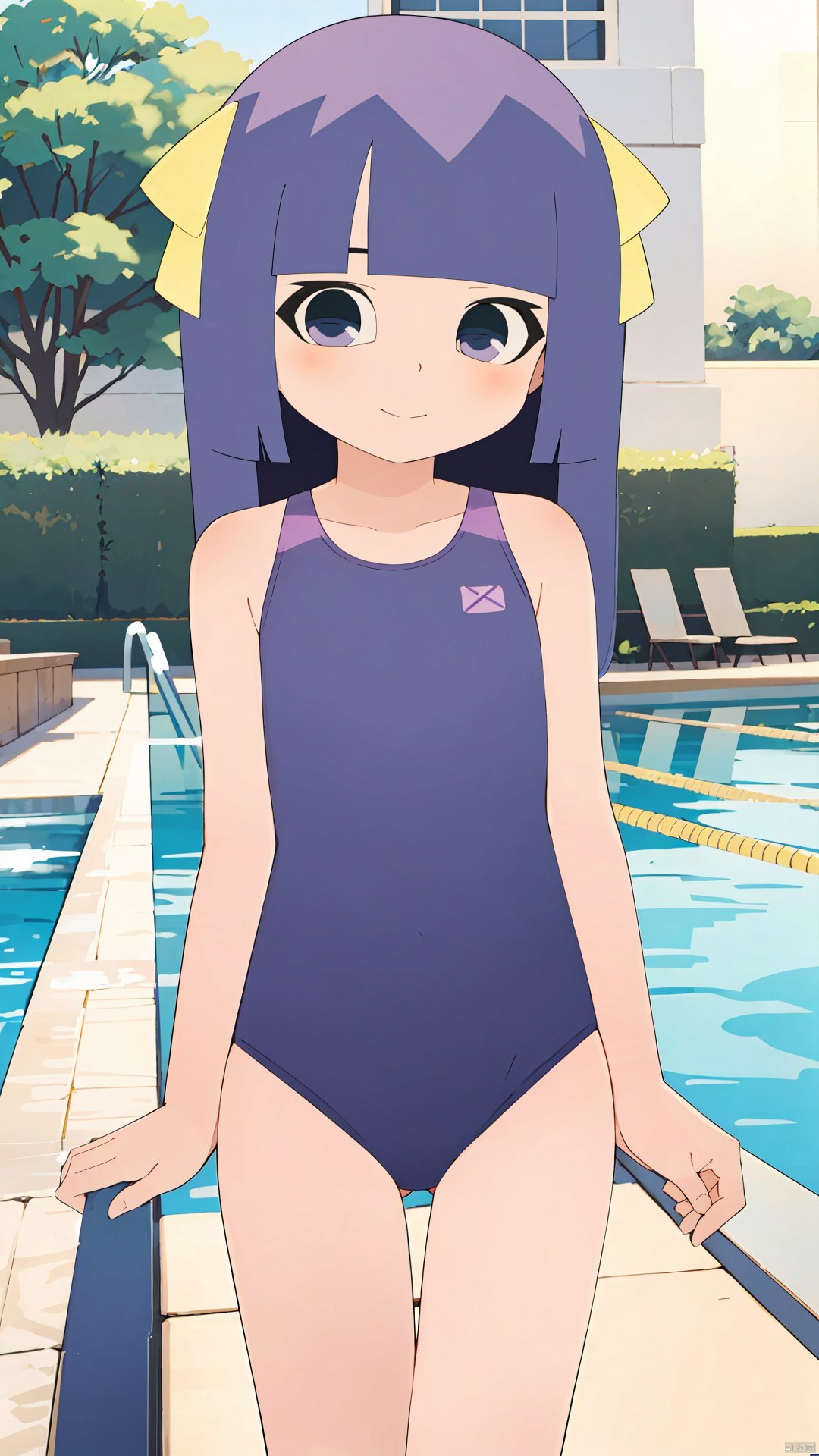 taosu, 1girl, solo, purple eyes, bangs, blunt bangs, purple hair, (long hair:1.3), yellow ribbonm, smile, pink one-piece swimsuit, swimming pool, 